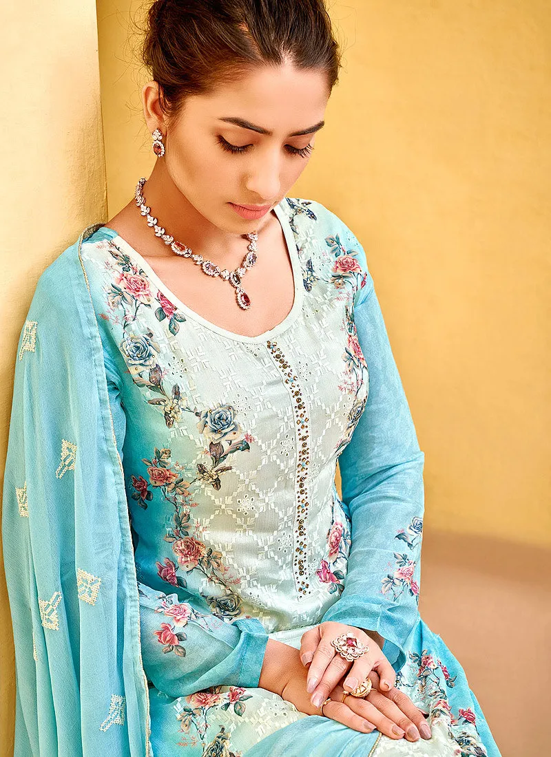 Blue Chikankari Embroidered Pant Style Suit