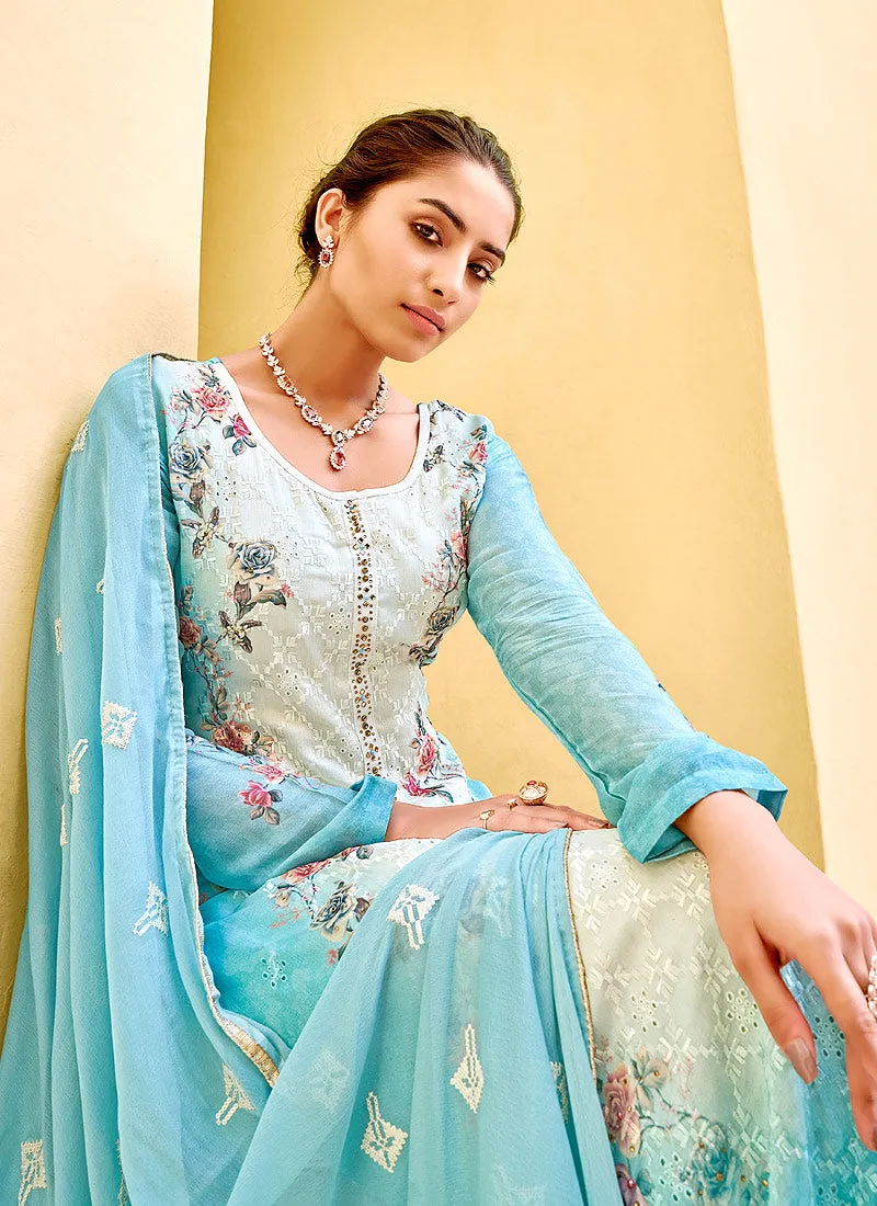 Blue Chikankari Embroidered Pant Style Suit