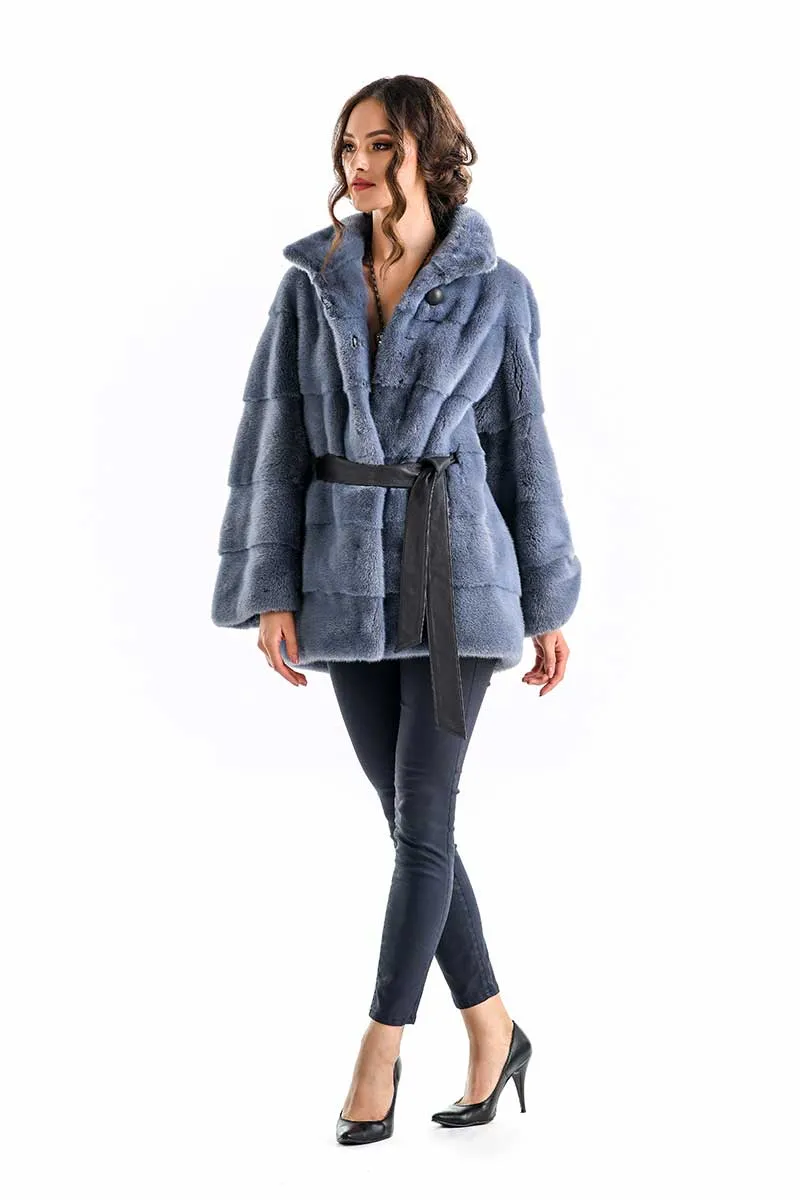 Blue Gray Shaded Genuine Mink Fur Coat