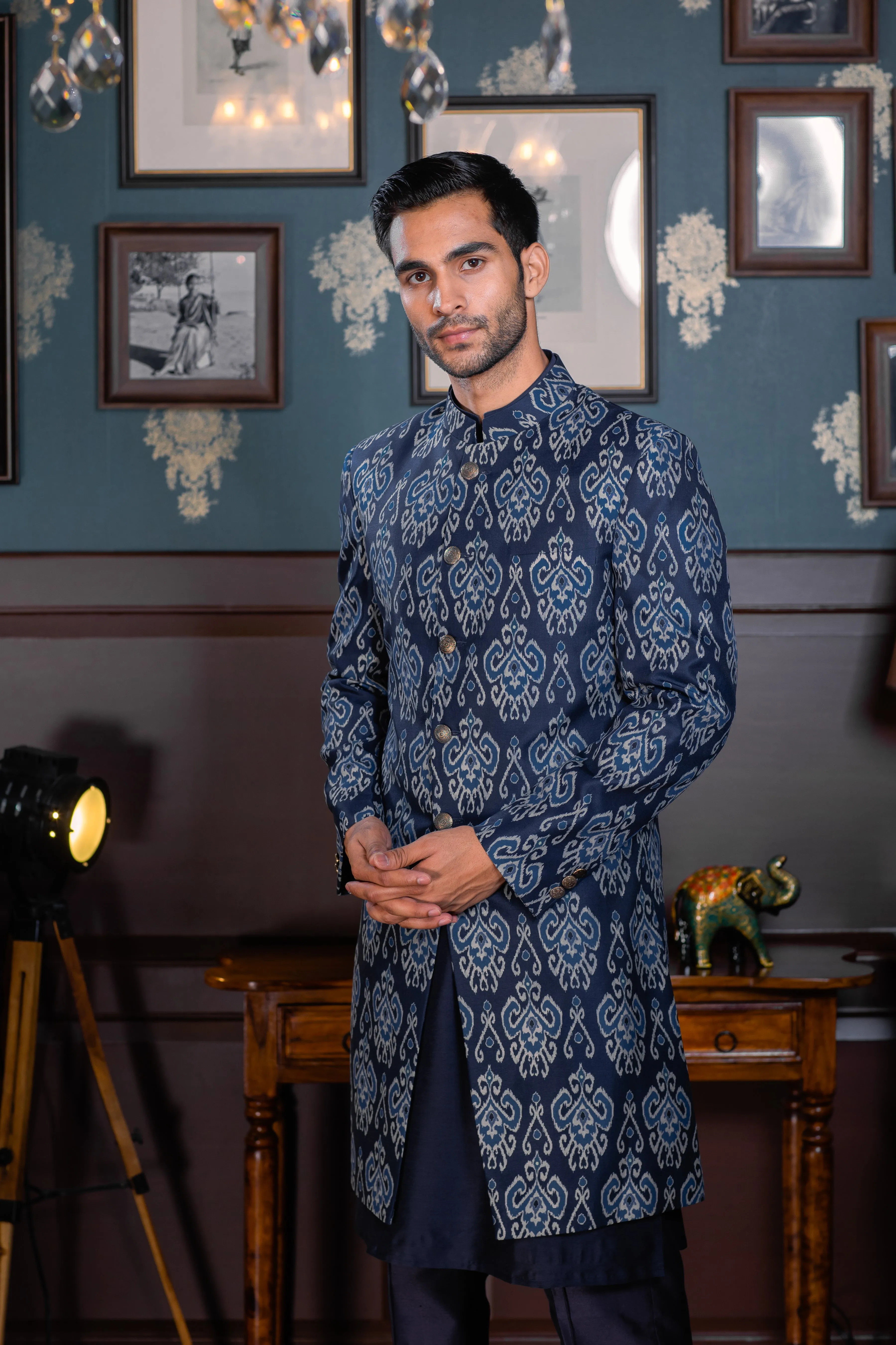 Blue Hues - Printed Silk Achkan Set