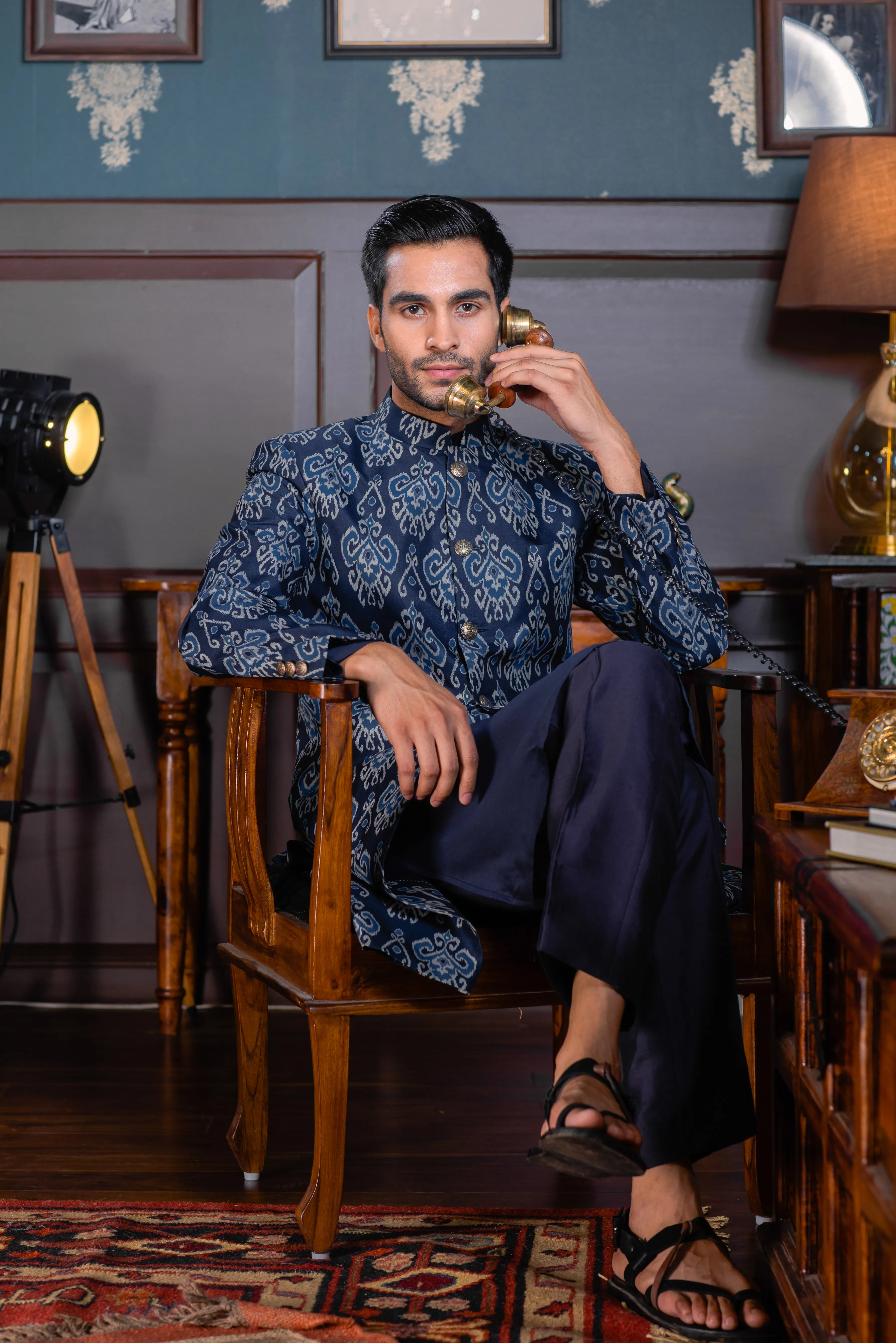 Blue Hues - Printed Silk Achkan Set