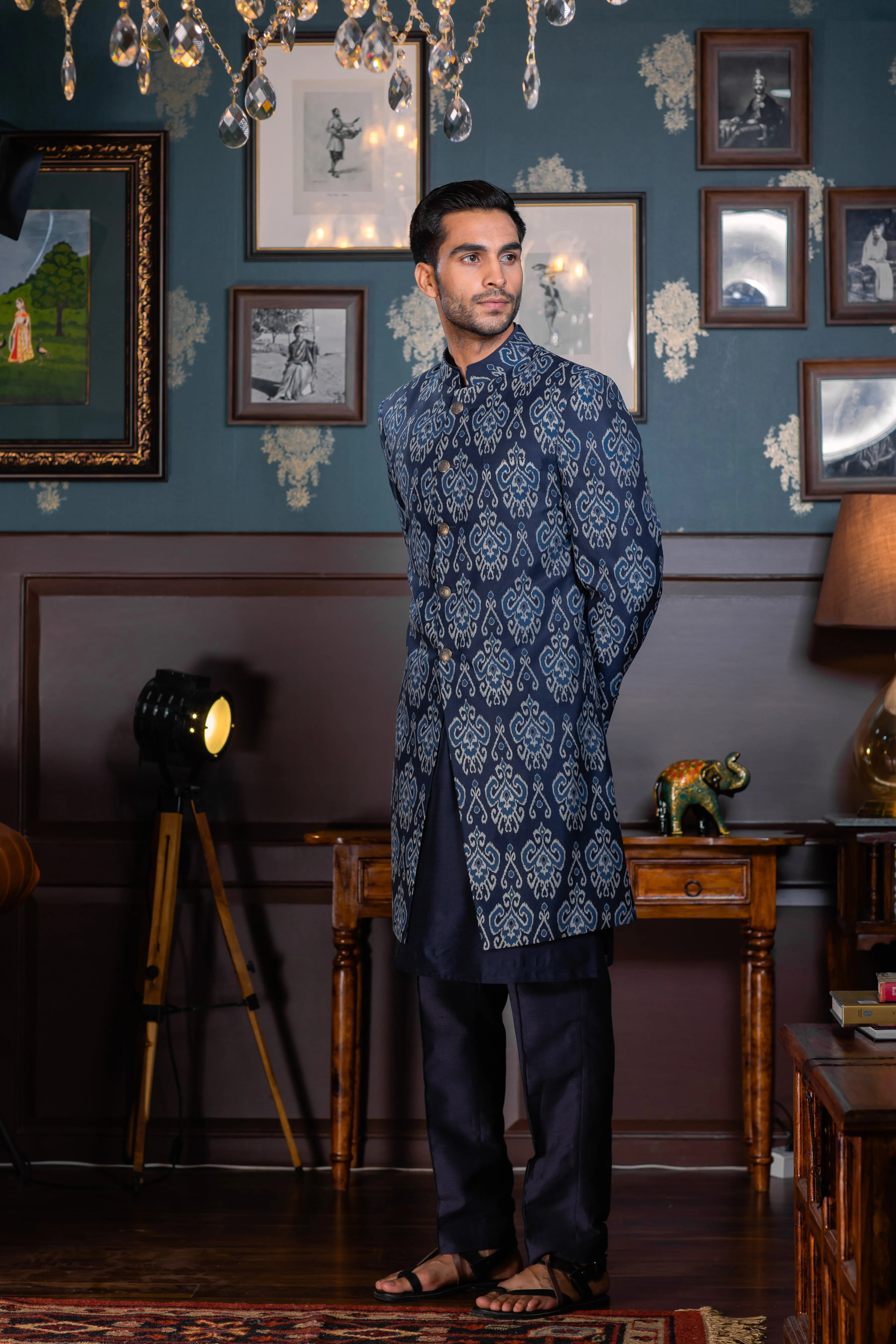 Blue Hues - Printed Silk Achkan Set