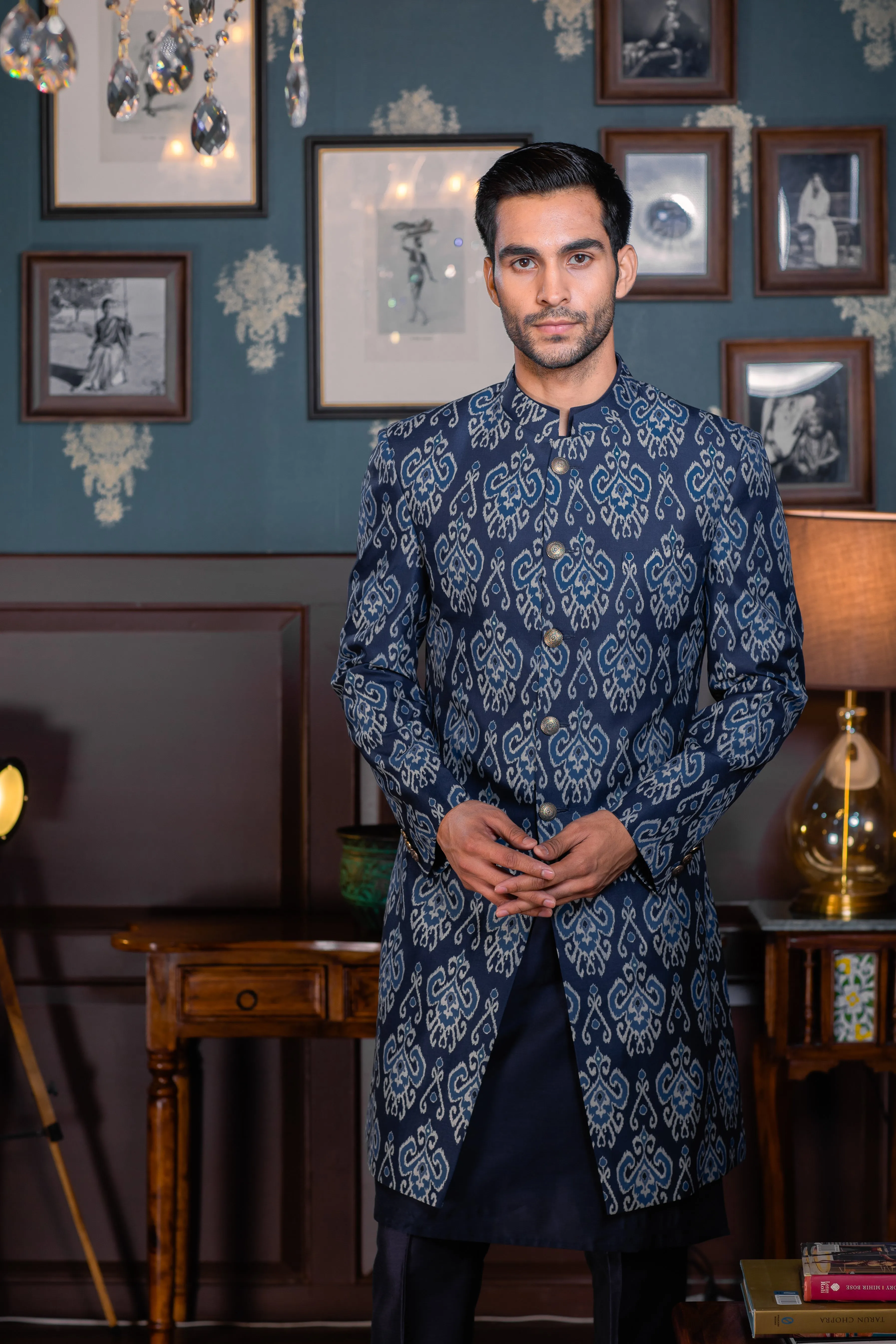 Blue Hues - Printed Silk Achkan Set