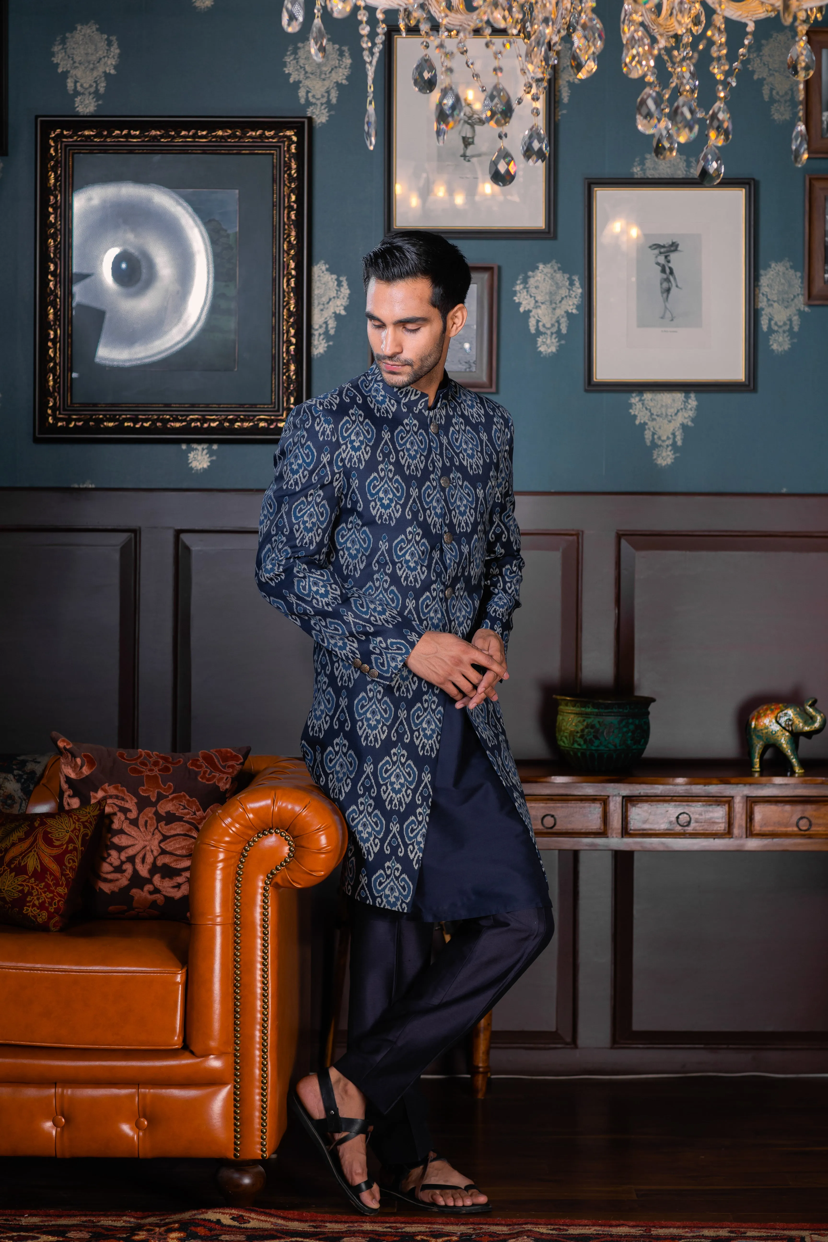 Blue Hues - Printed Silk Achkan Set