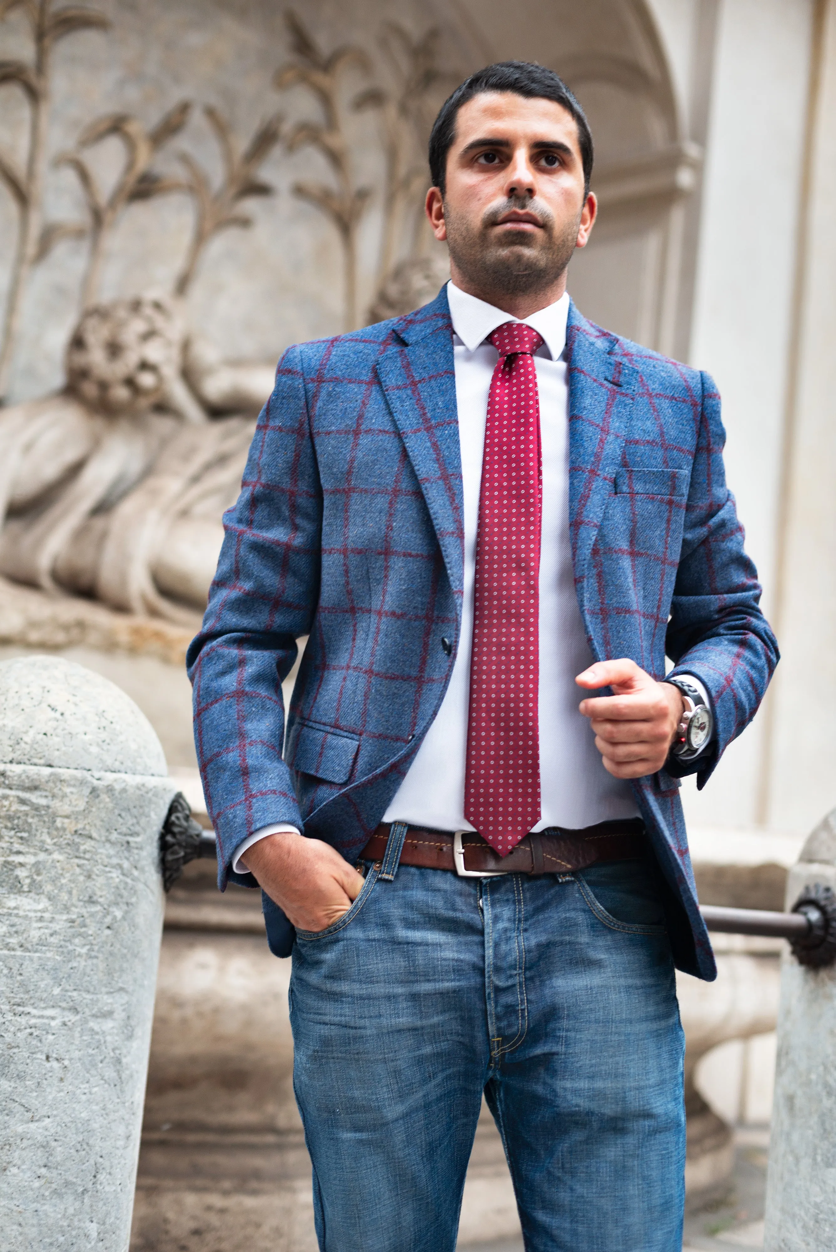 Blue/Burgundy Windowpane Wool Blazer by Bottoli