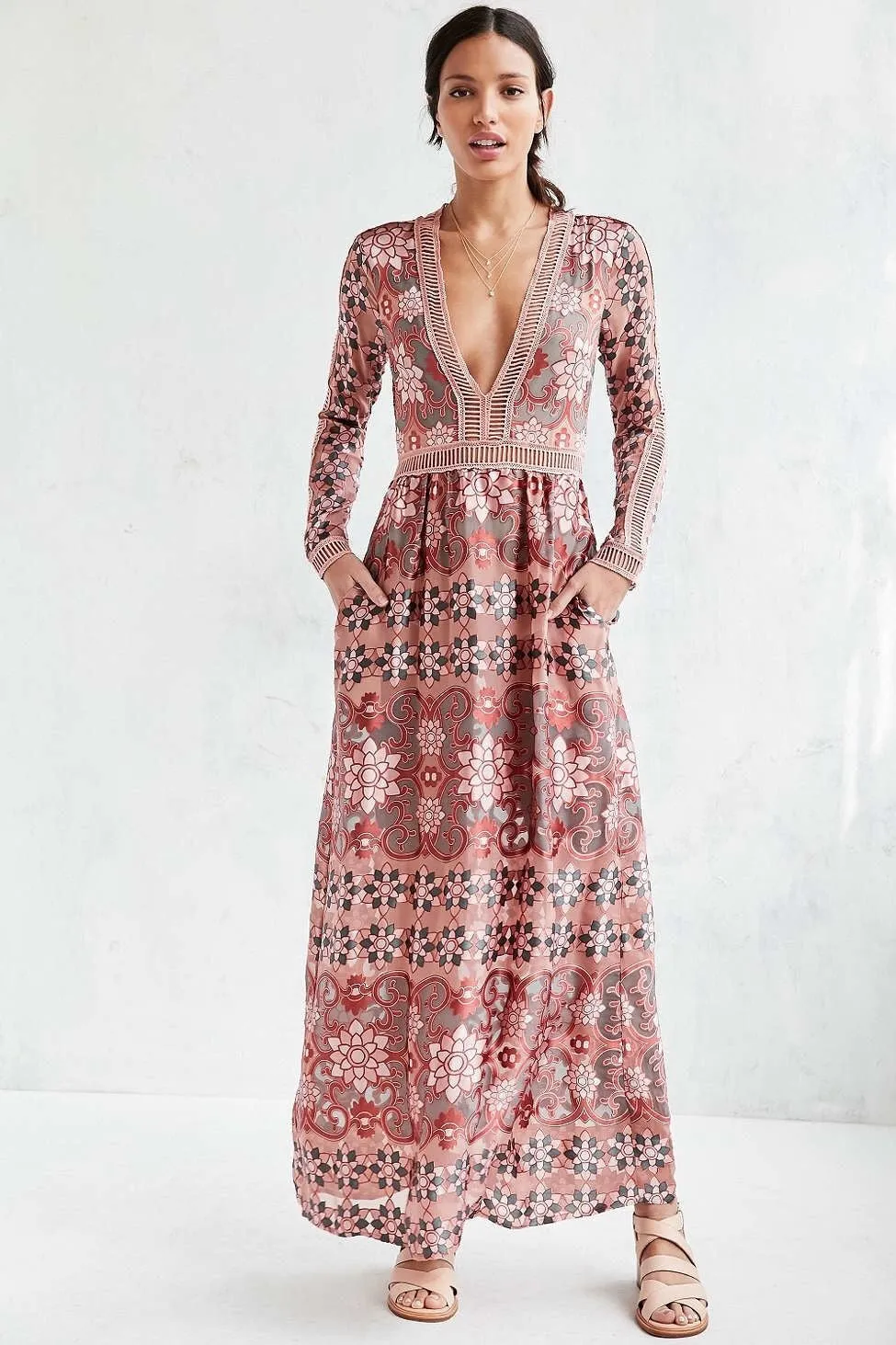 Boho Maxi Dress "Juliet" Pink Mosaic Print With Blush Pink Ladder Crochet Plunging V Neck Elegant Gown Sizes Small Medium Or Large