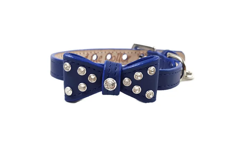 Bow Dog Leather Collar with Small Clear Crystals on Bow