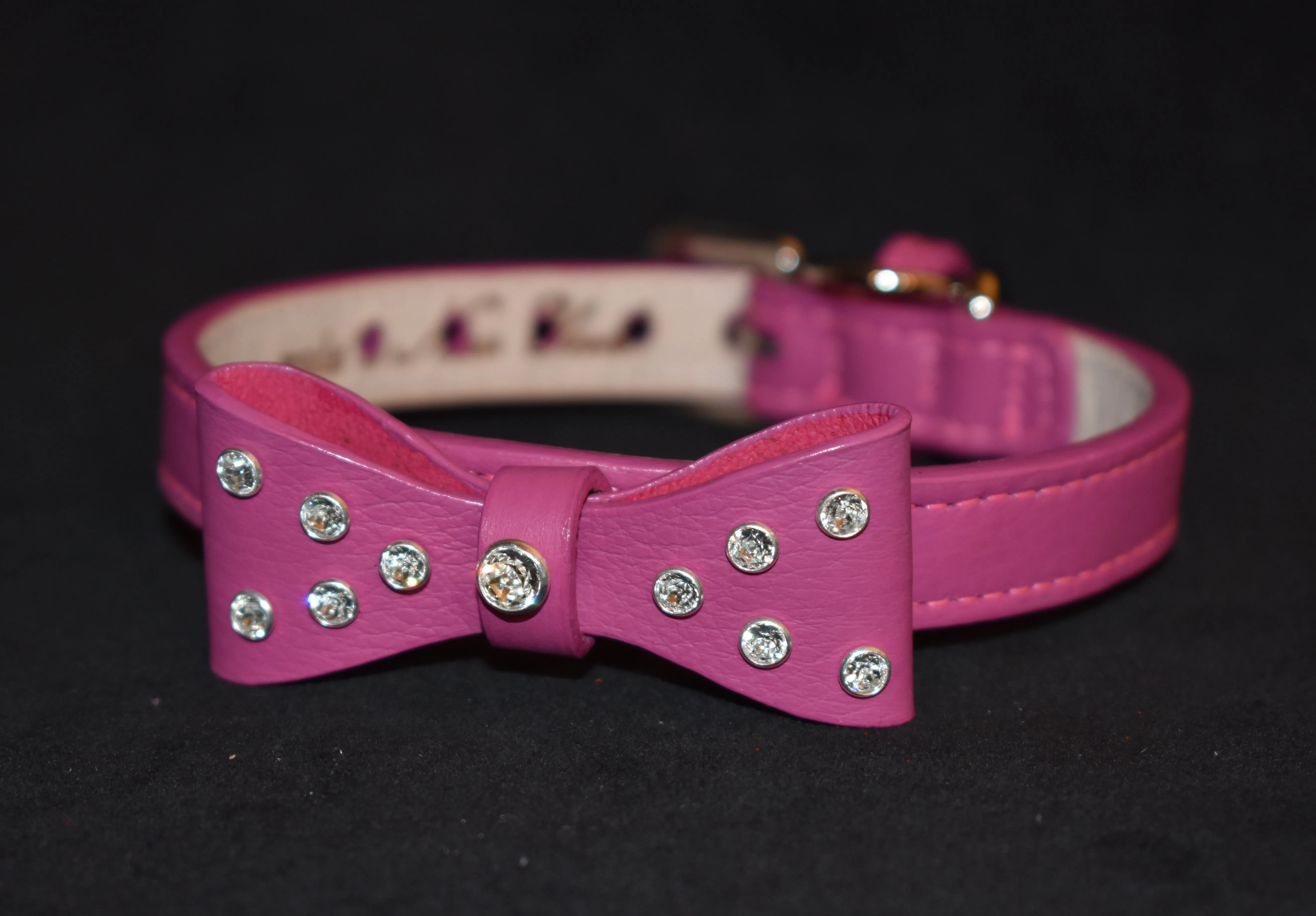 Bow Dog Leather Collar with Small Clear Crystals on Bow