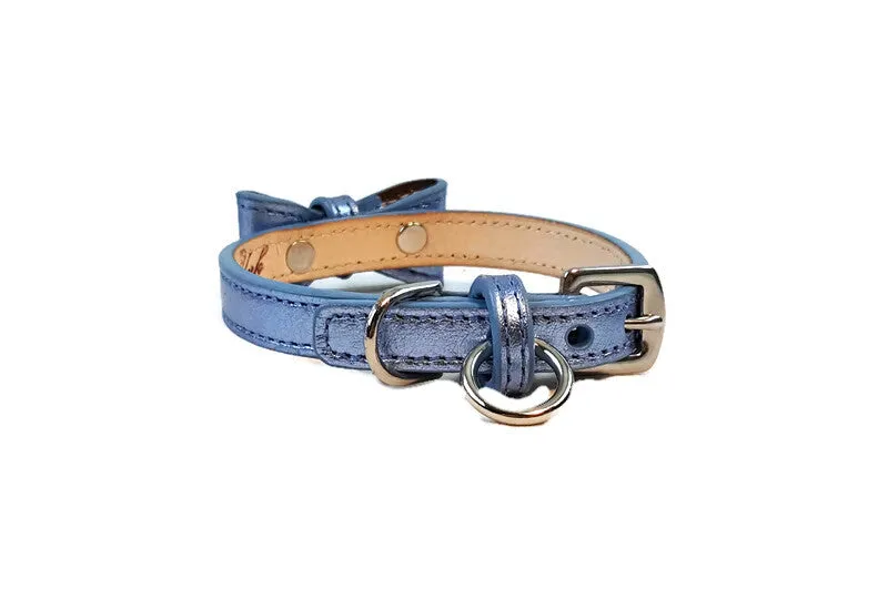 Bow Dog Leather Collar with Small Clear Crystals on Bow