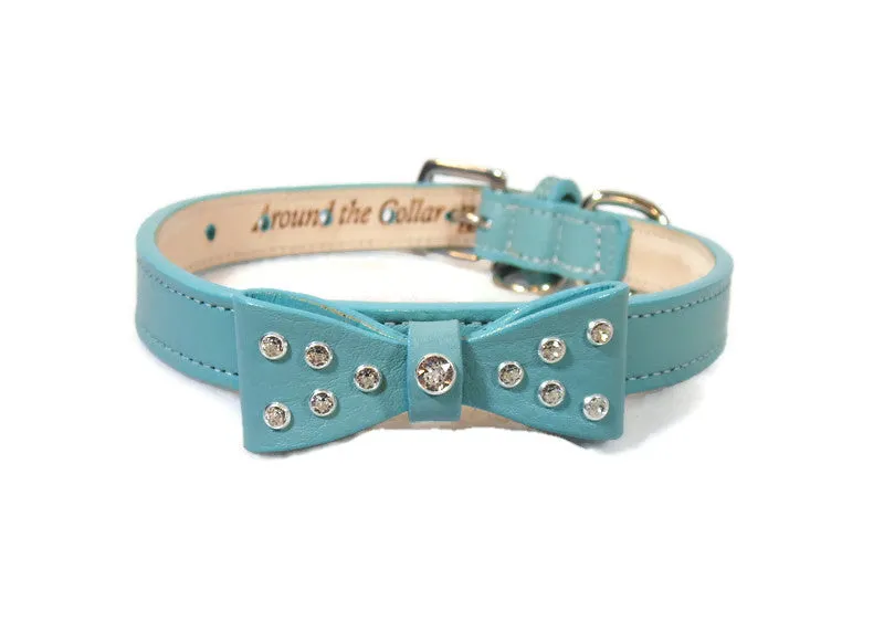 Bow Dog Leather Collar with Small Clear Crystals on Bow