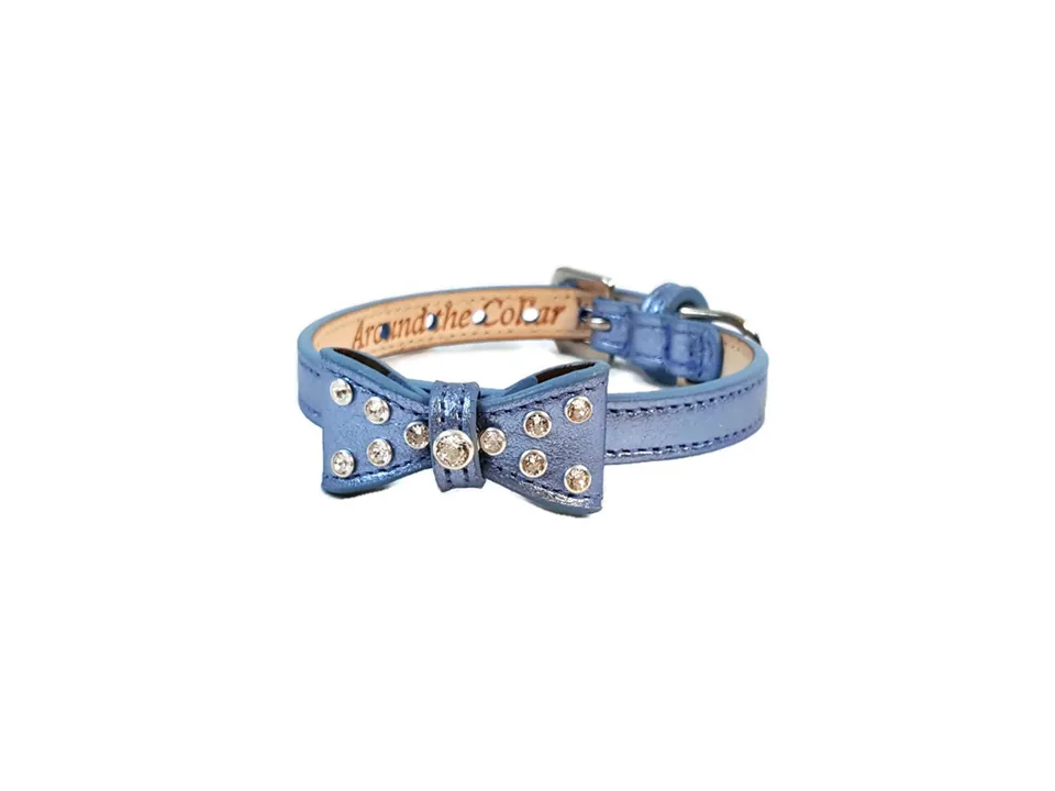 Bow Dog Leather Collar with Small Clear Crystals on Bow