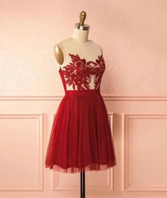 Burgundy tulle lace short prom dress, burgundy homecoming dress