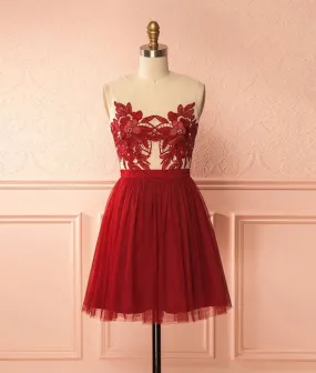 Burgundy tulle lace short prom dress, burgundy homecoming dress