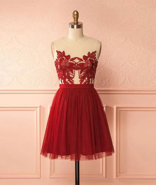 Burgundy tulle lace short prom dress, burgundy homecoming dress