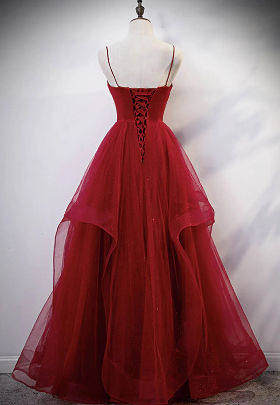 Burgundy Tulle Long Prom Dresses, V-Neck Evening Dress