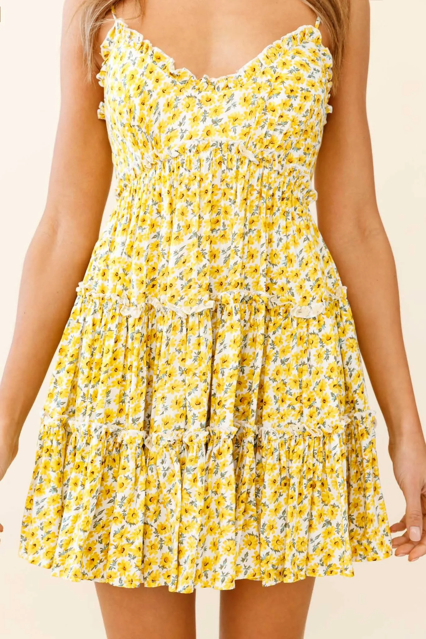 Buttercup Frill Trimmed Babydoll Dress Floral Print Yellow