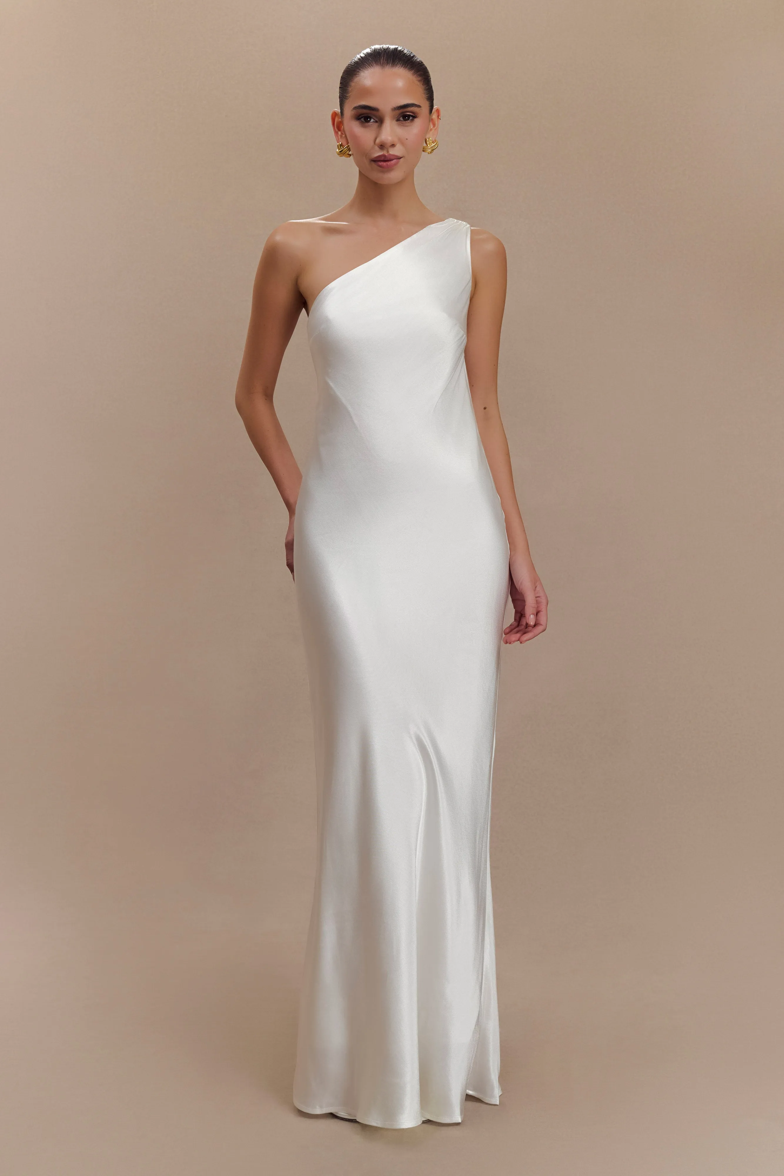 Camille One Shoulder Satin Maxi Dress - White