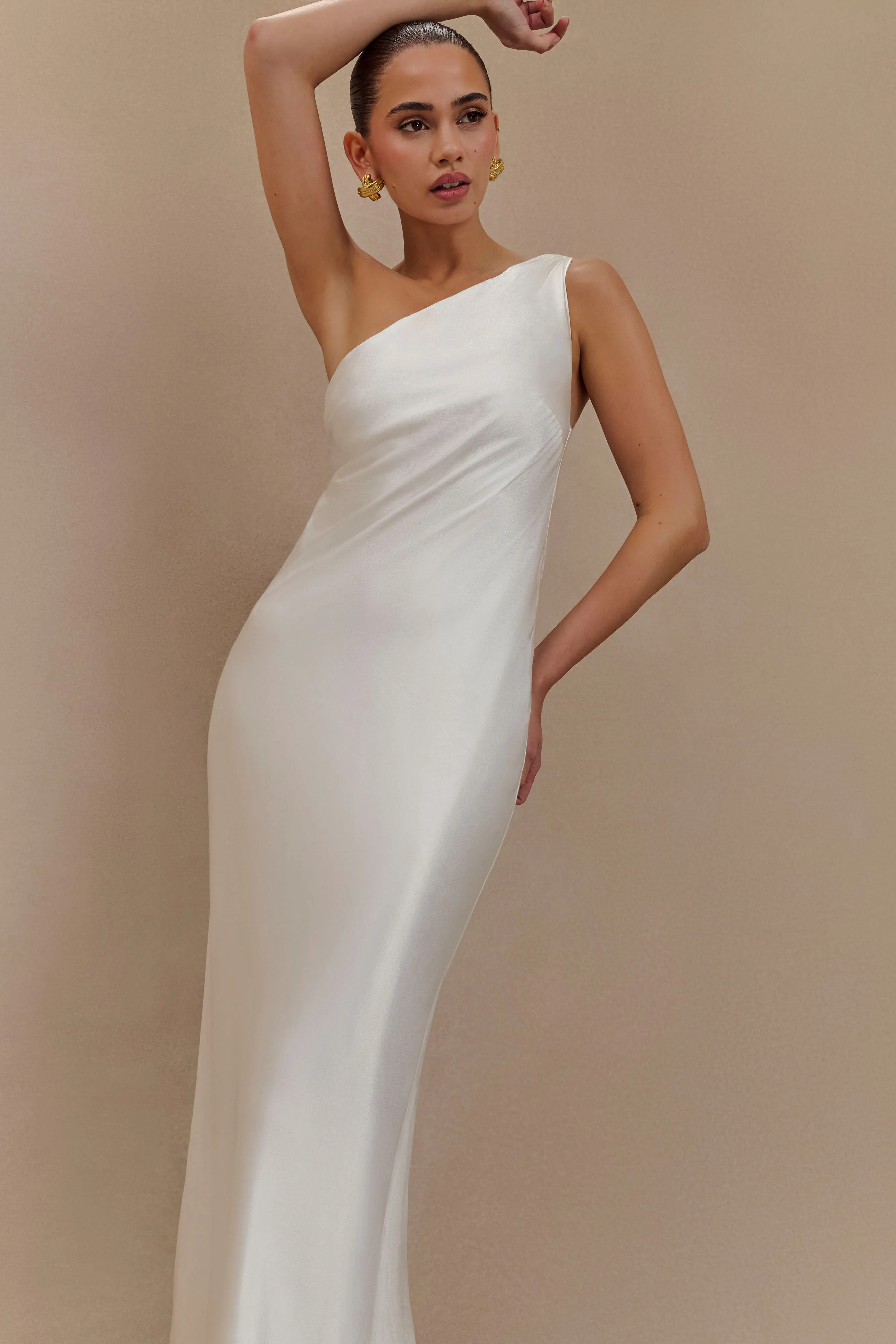 Camille One Shoulder Satin Maxi Dress - White