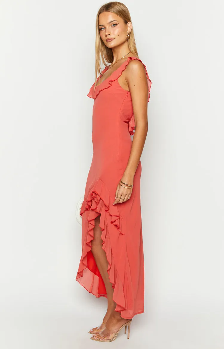 Caribbean Red Ruffle Maxi Dress