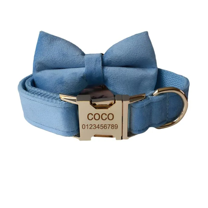 Cerulean Blue Velvet Dog Collar with Detachable Bow Tie - Personalized