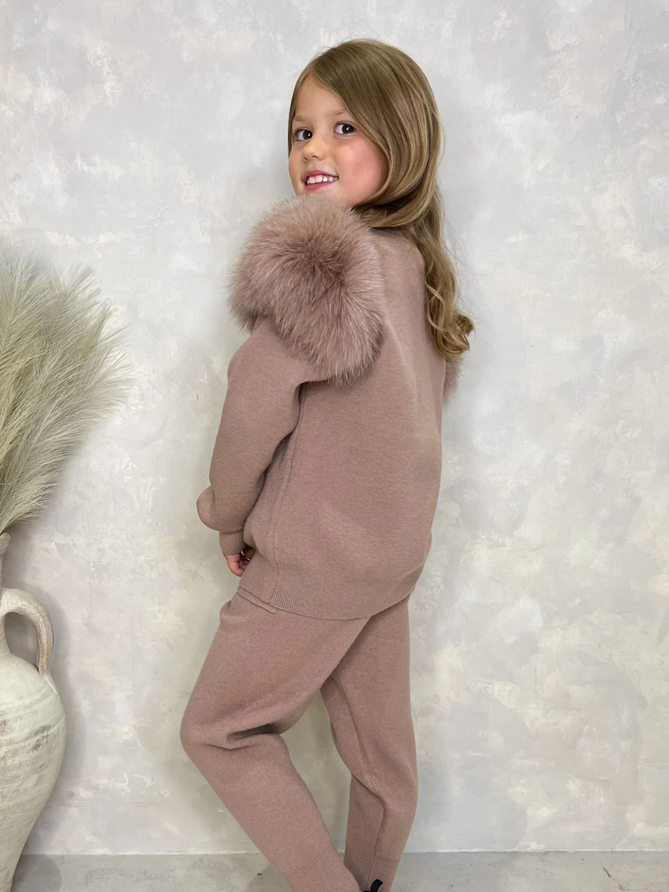 Childrens Taupe Luxury Fur Roll Neck Jogger Tracksuit