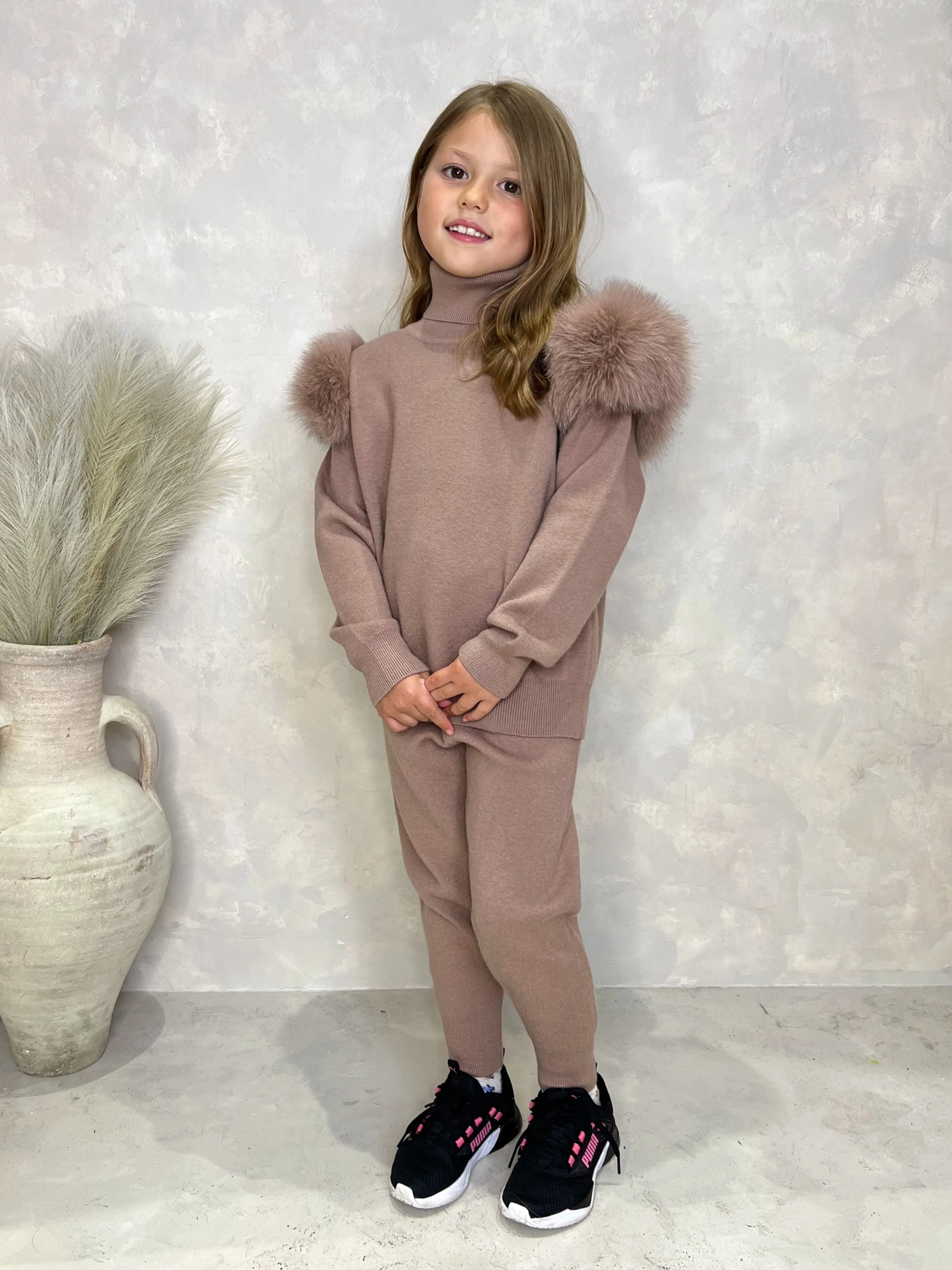 Childrens Taupe Luxury Fur Roll Neck Jogger Tracksuit