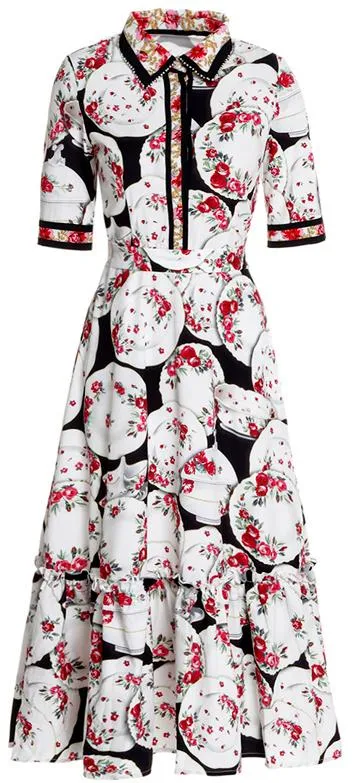 China Dish Print Midi Shirt-Dress