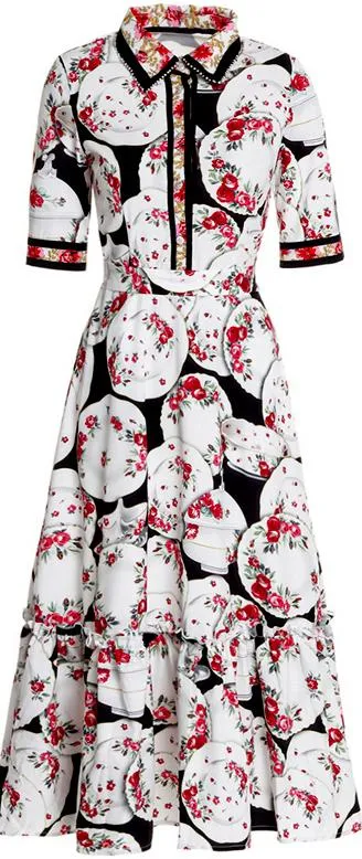 China Dish Print Midi Shirt-Dress