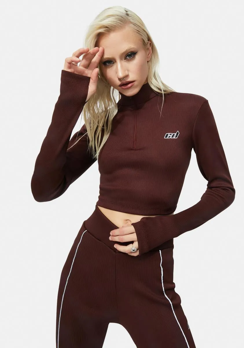 Chocolate Zip Neck Thumb Hole Rib Top