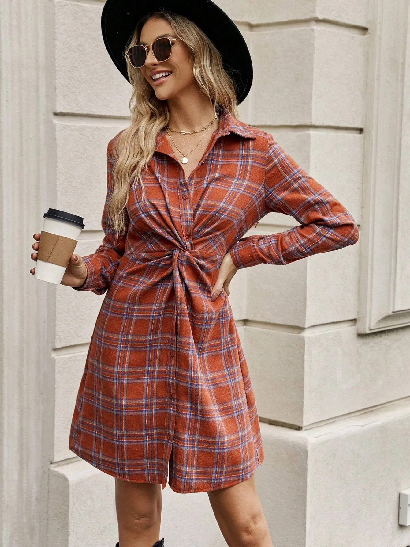 Clasi Plaid Print Twist Front Shirt Dress