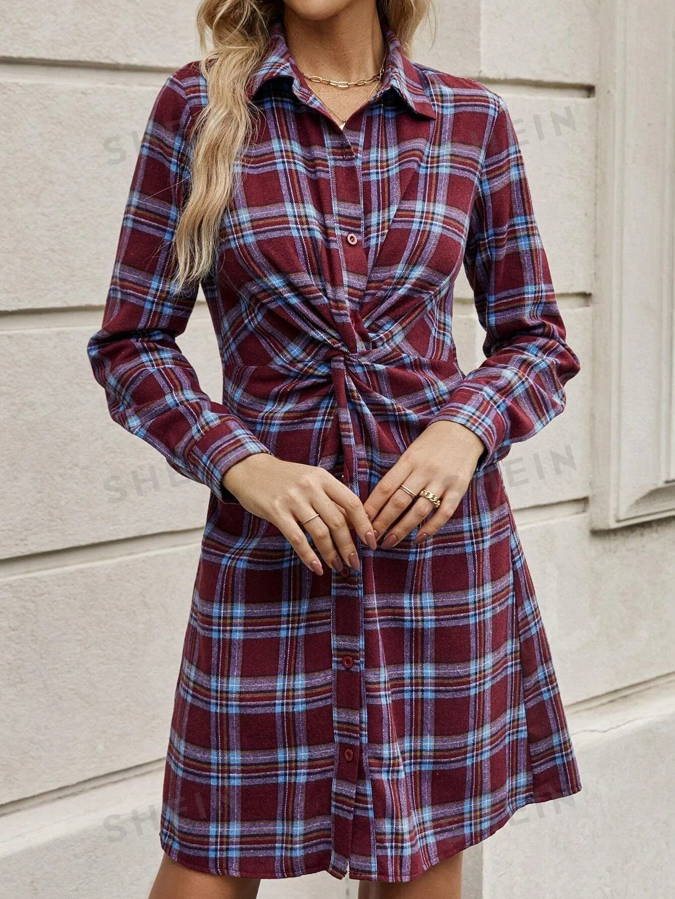 Clasi Plaid Print Twist Front Shirt Dress