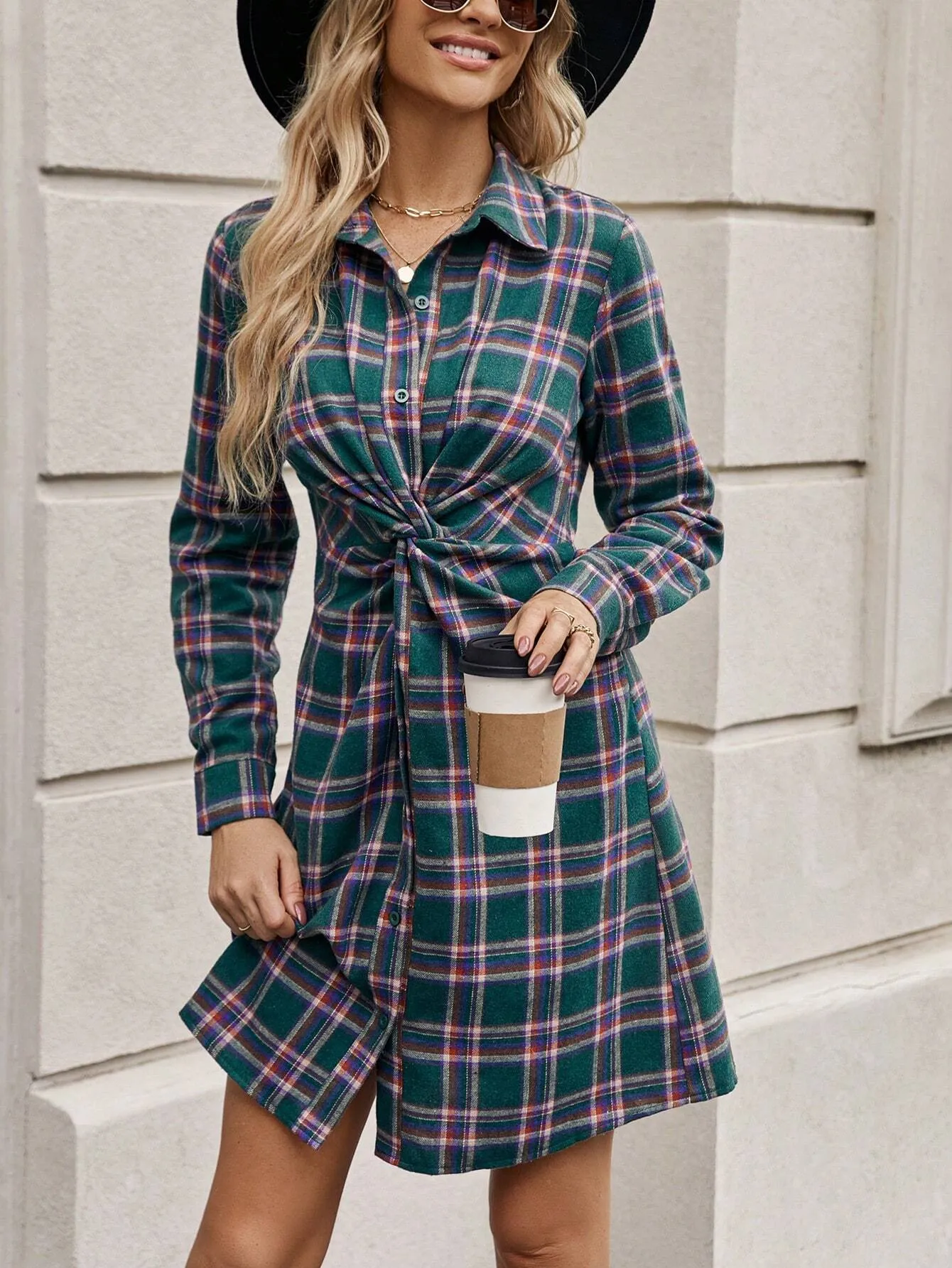 Clasi Plaid Print Twist Front Shirt Dress