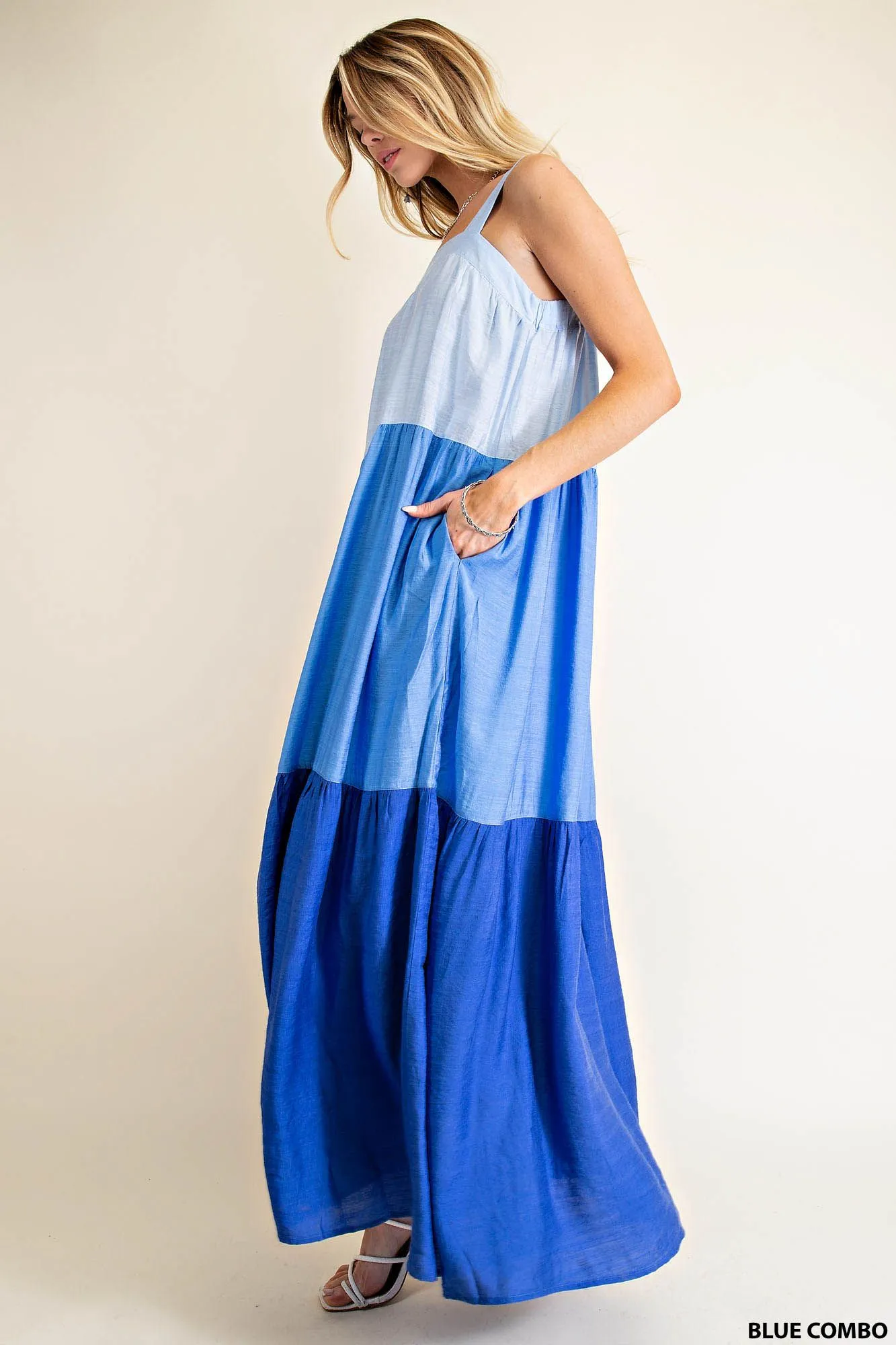 Colorblock Tiered Dress - blue