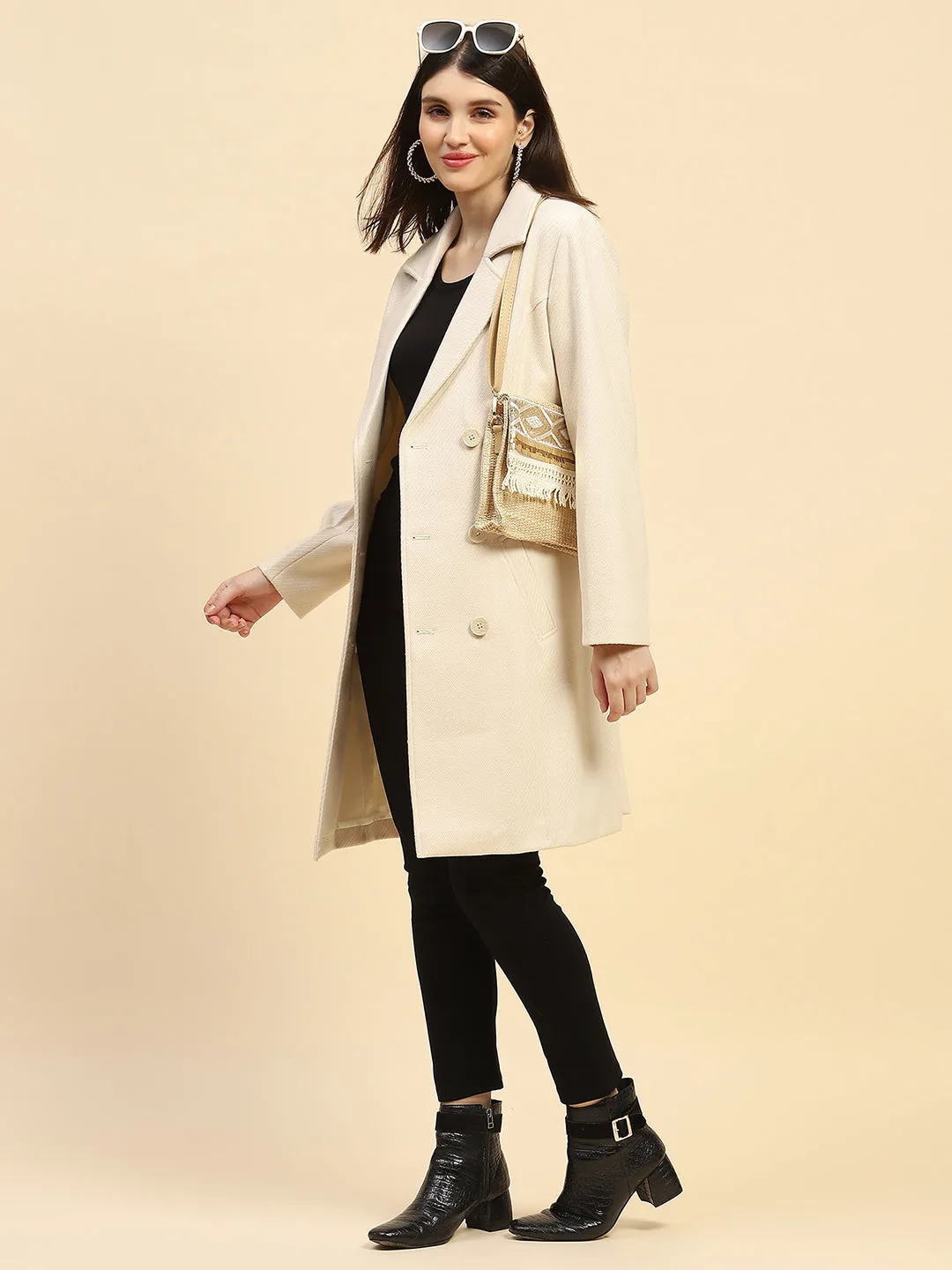 Cream Solid Poly Blend Relaxed Fit Long Coat