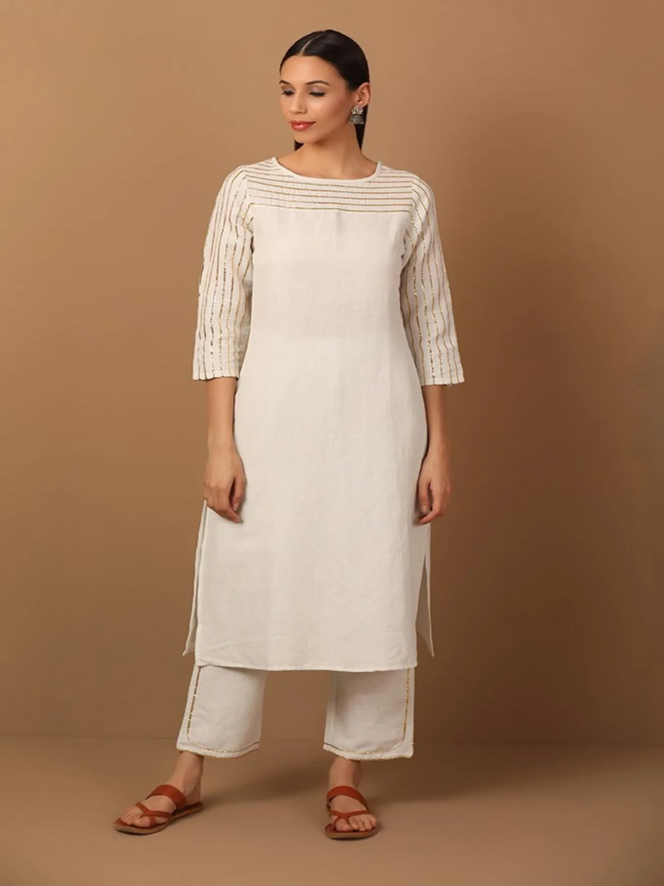 Creamish White Fusion Straight Kurta Set