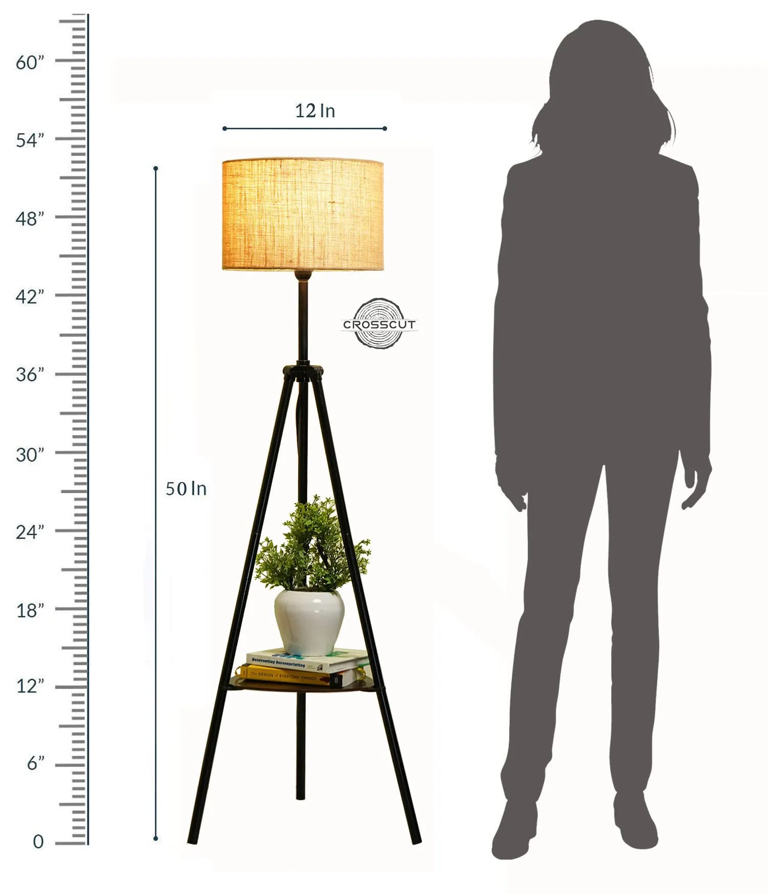 Crosscut Furniture Metal Floor LED Lamp With Decorative Shelf (Natural Jute, Pack Of 1)