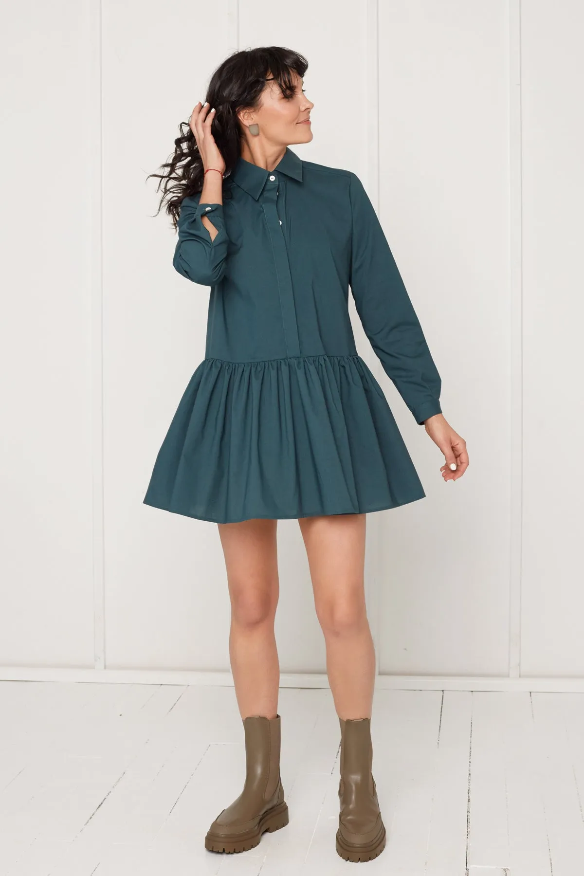 DANA tencel shirt dress with front frill in teal blue