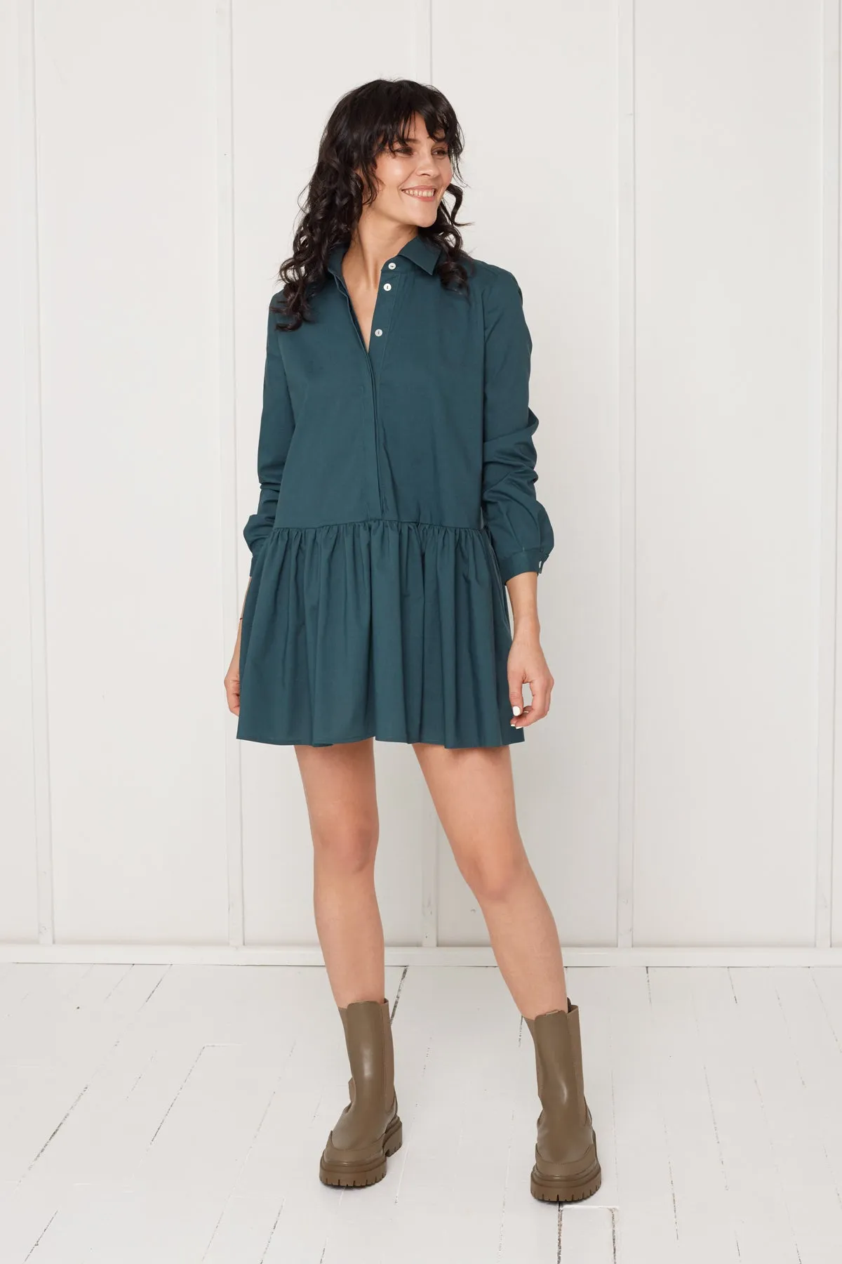 DANA tencel shirt dress with front frill in teal blue