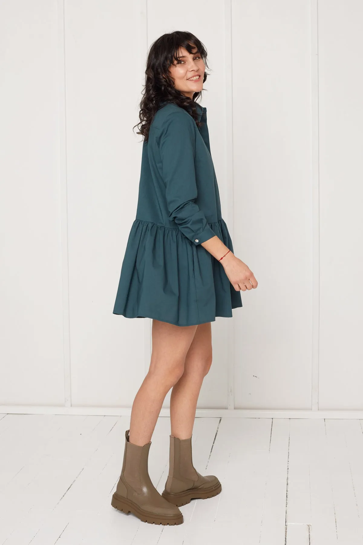 DANA tencel shirt dress with front frill in teal blue