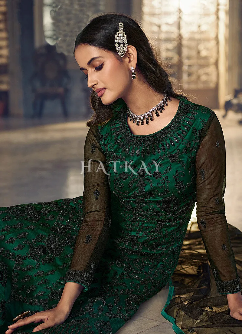 Dark Green Embroidered Traditional Net Anarkali Suit