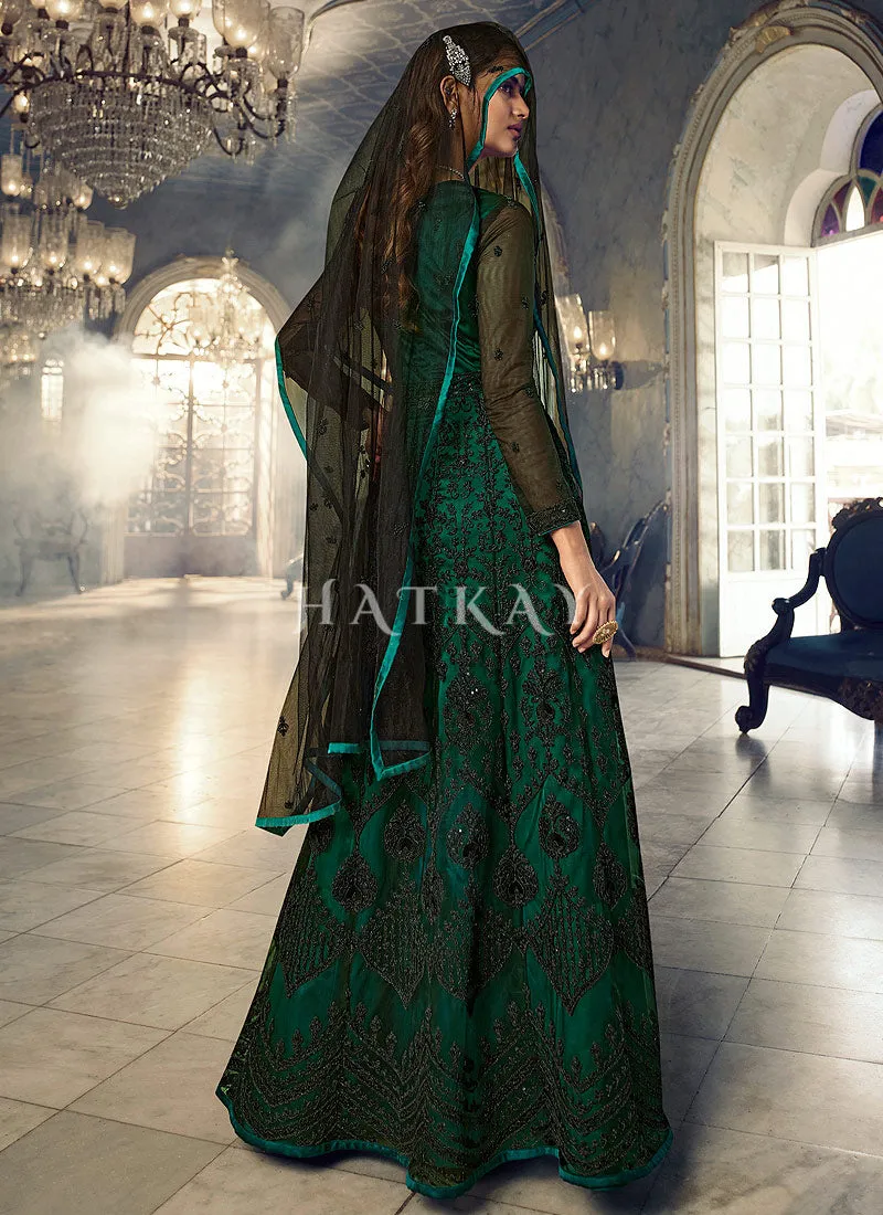 Dark Green Embroidered Traditional Net Anarkali Suit