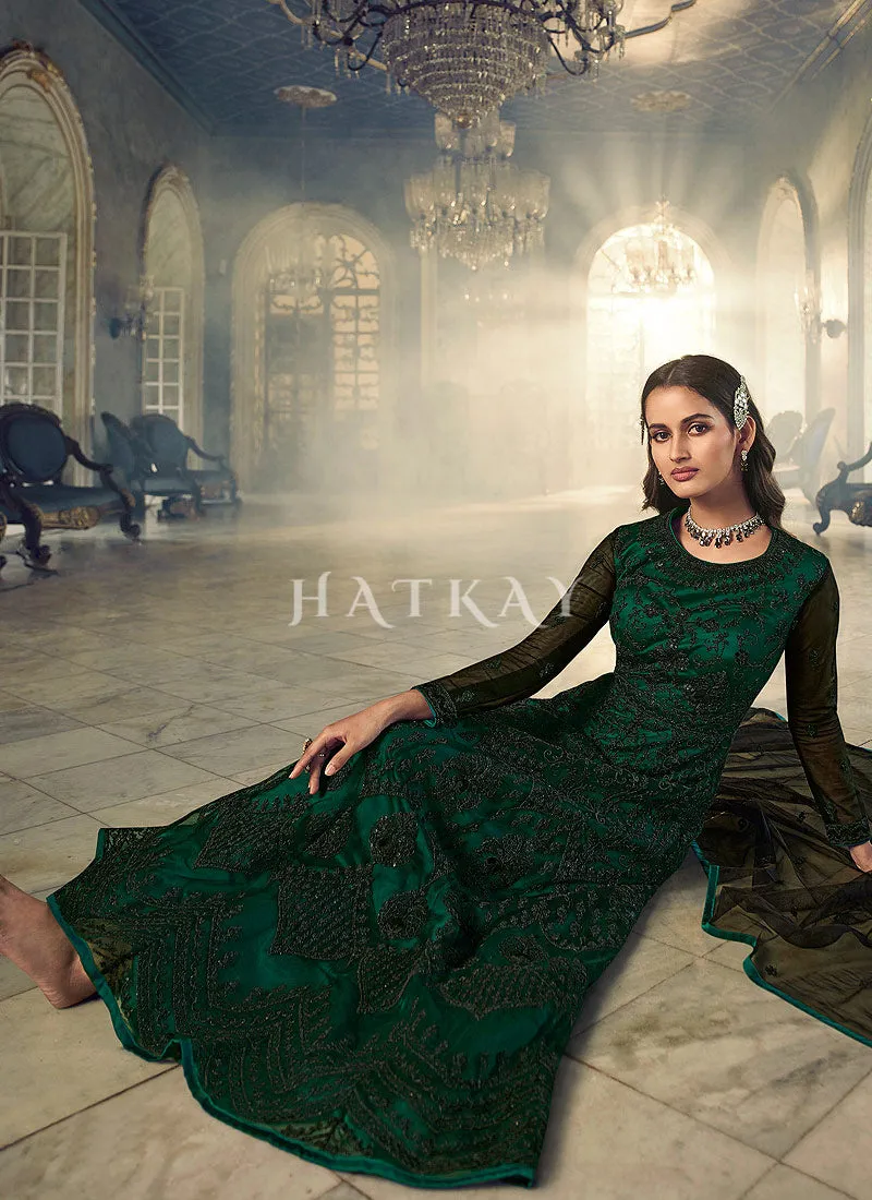 Dark Green Embroidered Traditional Net Anarkali Suit