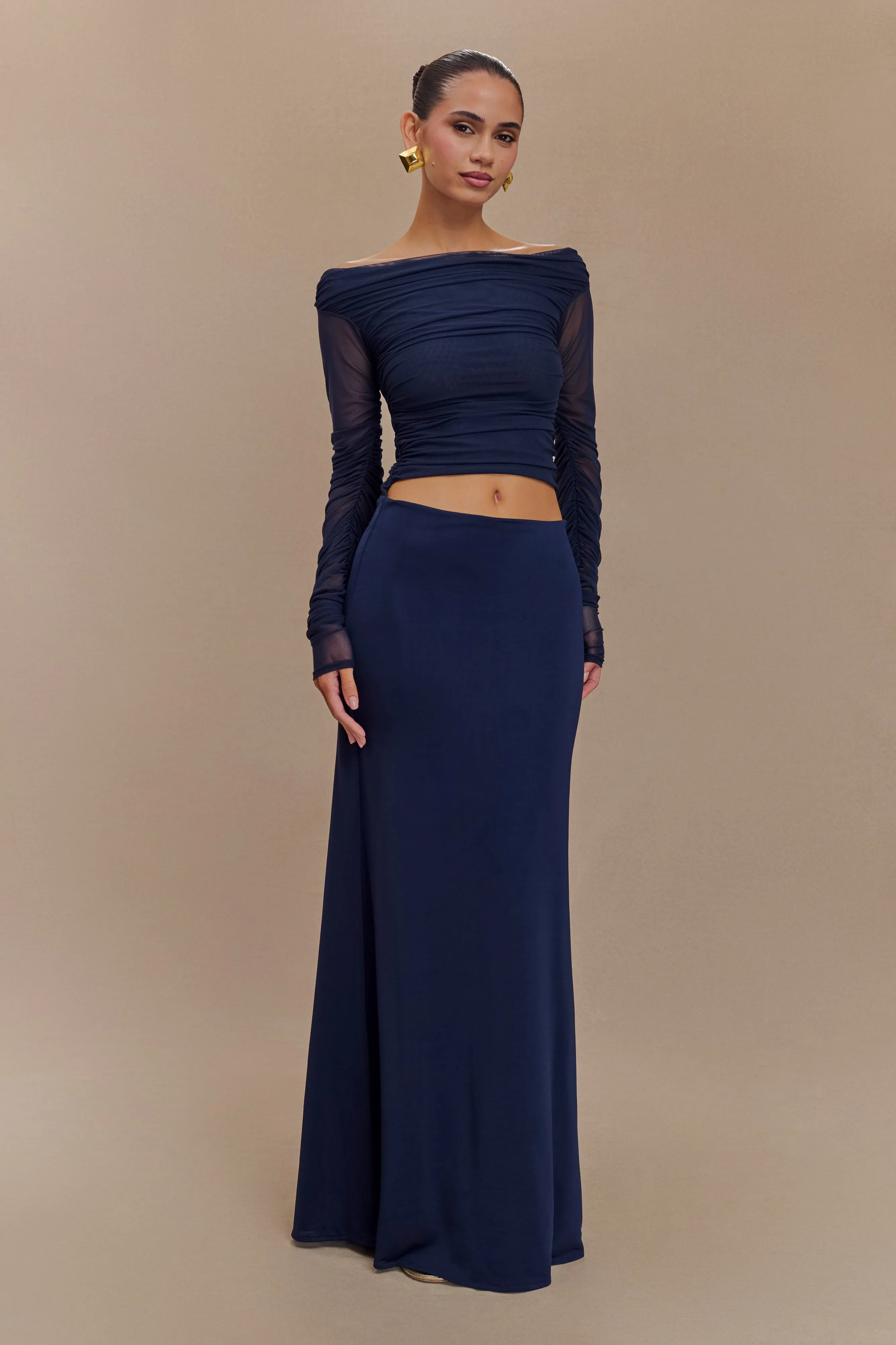 Darla Mesh And Slinky Off Shoulder Maxi Dress - Dark Navy