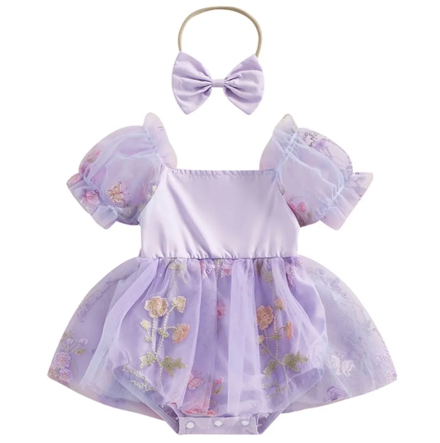 Embroided Purple Pull Sleeve Romper and Headband #1000109