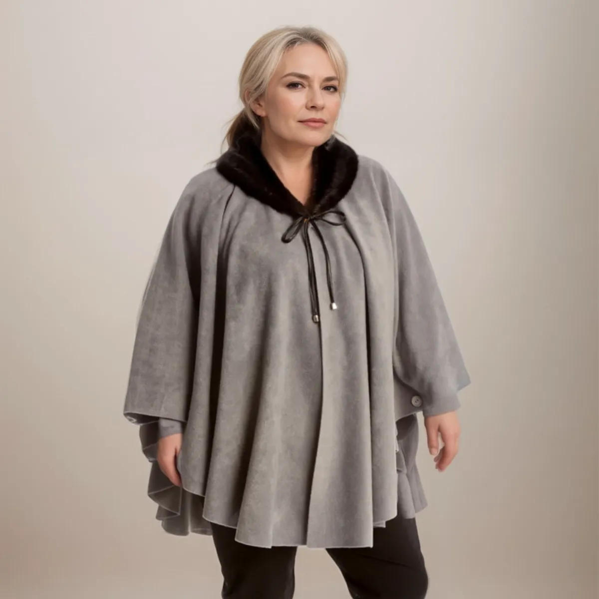 FLEECE OVERSIZED PONCHO / CAPE WITH FAUX FUR COLLAR