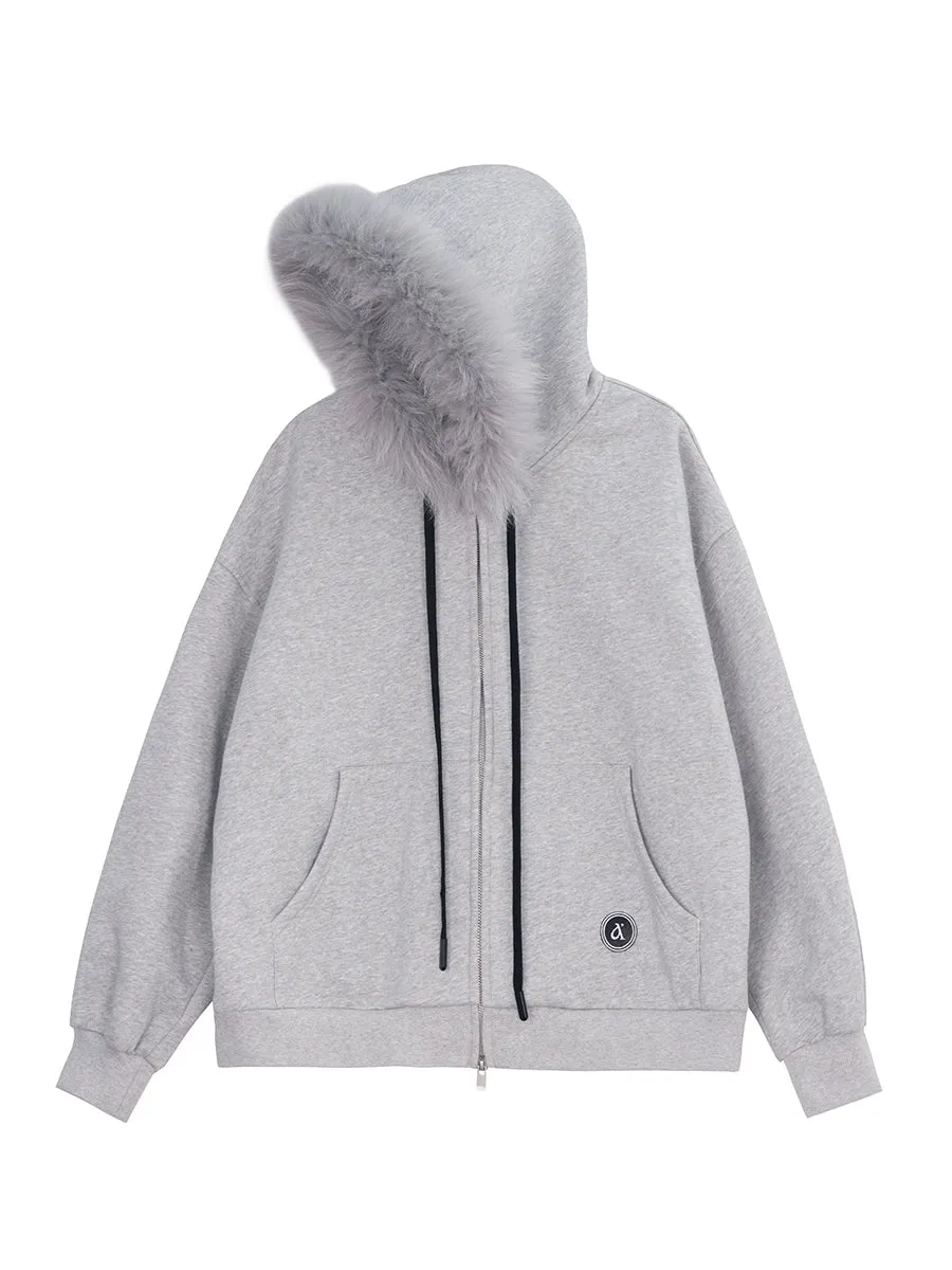 Fox fur collar hooded sweatshirt coat