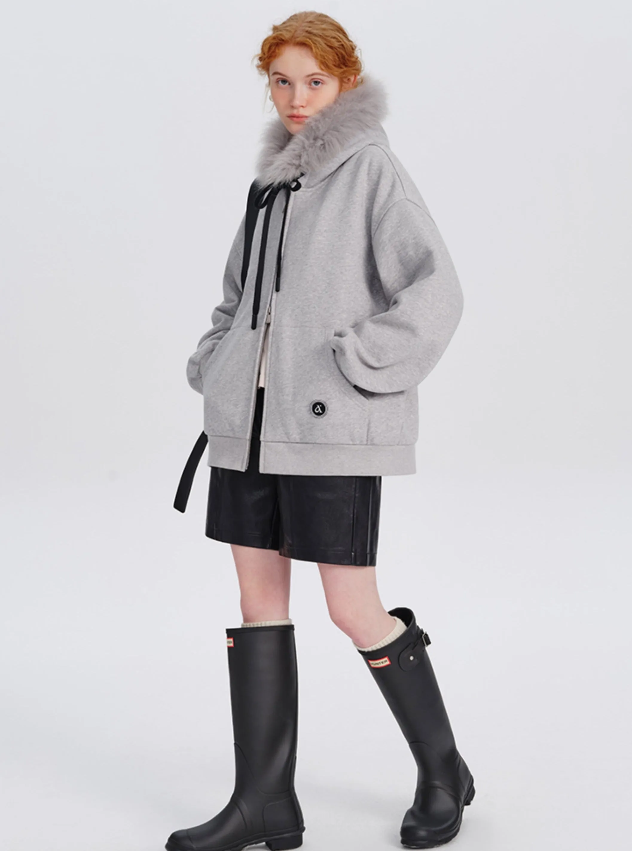 Fox fur collar hooded sweatshirt coat