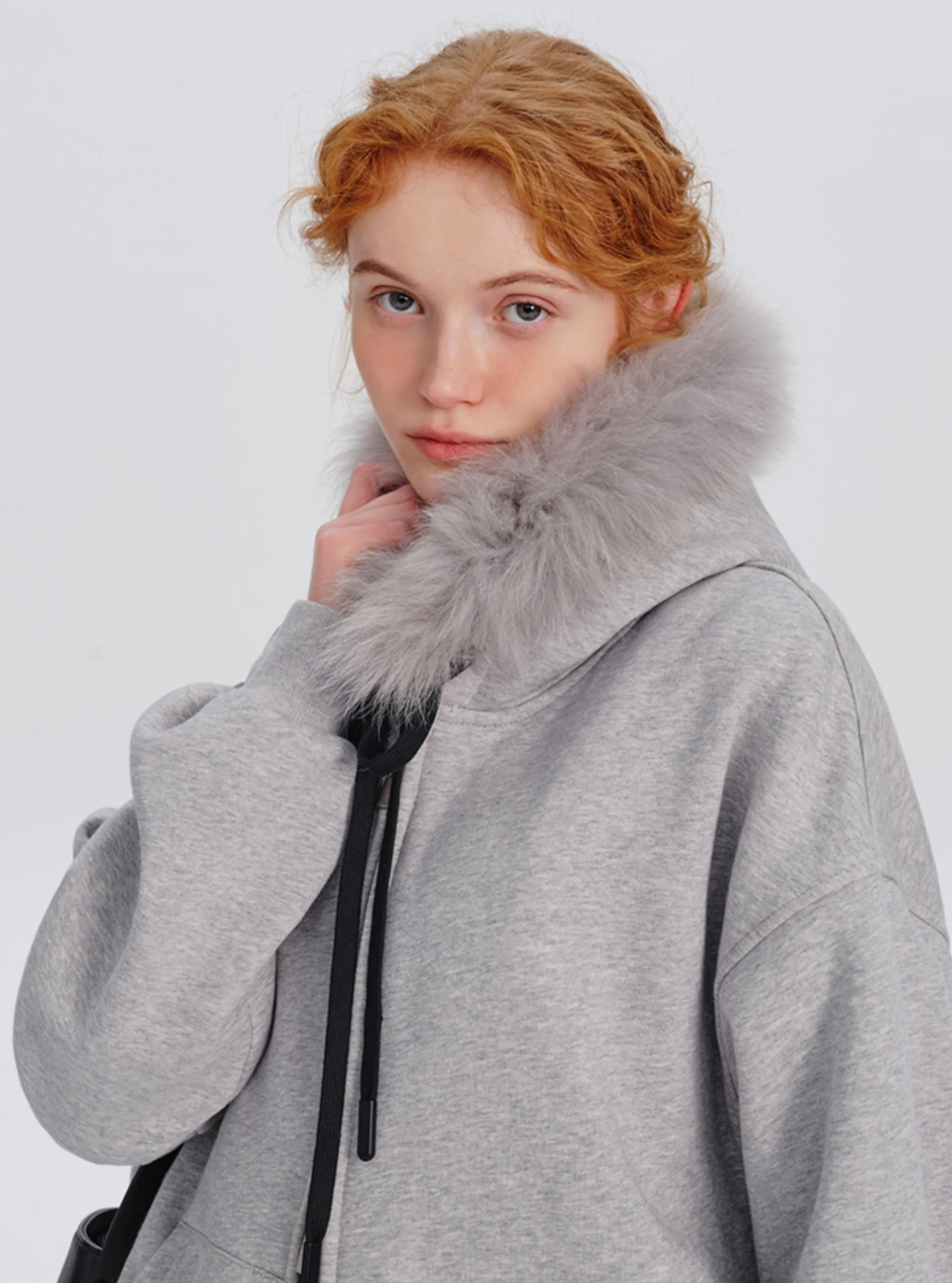 Fox fur collar hooded sweatshirt coat