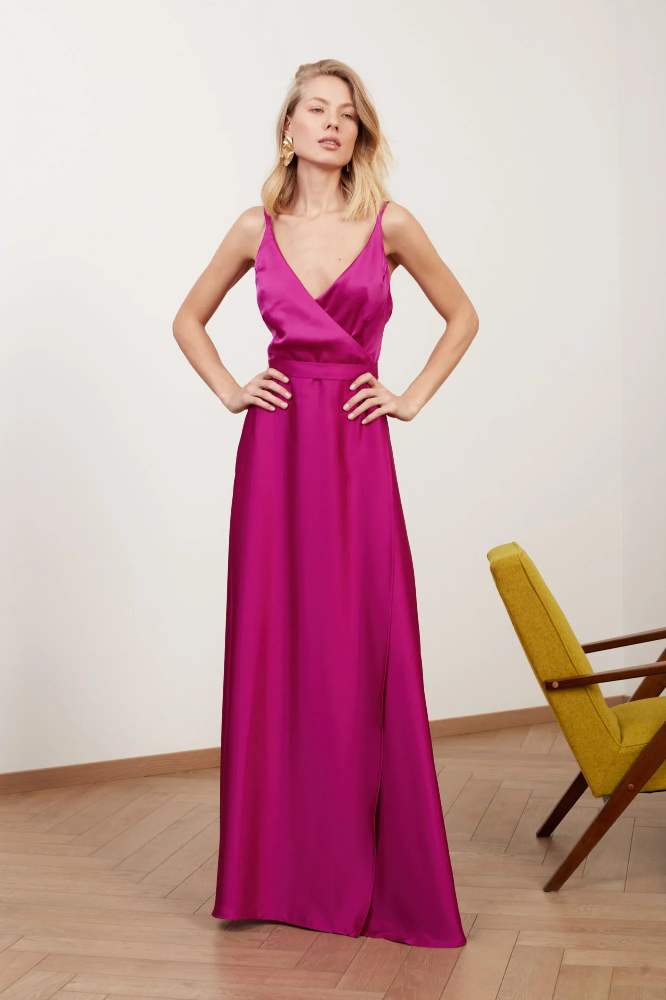 FREYA fuchsia pink satin long evening dress