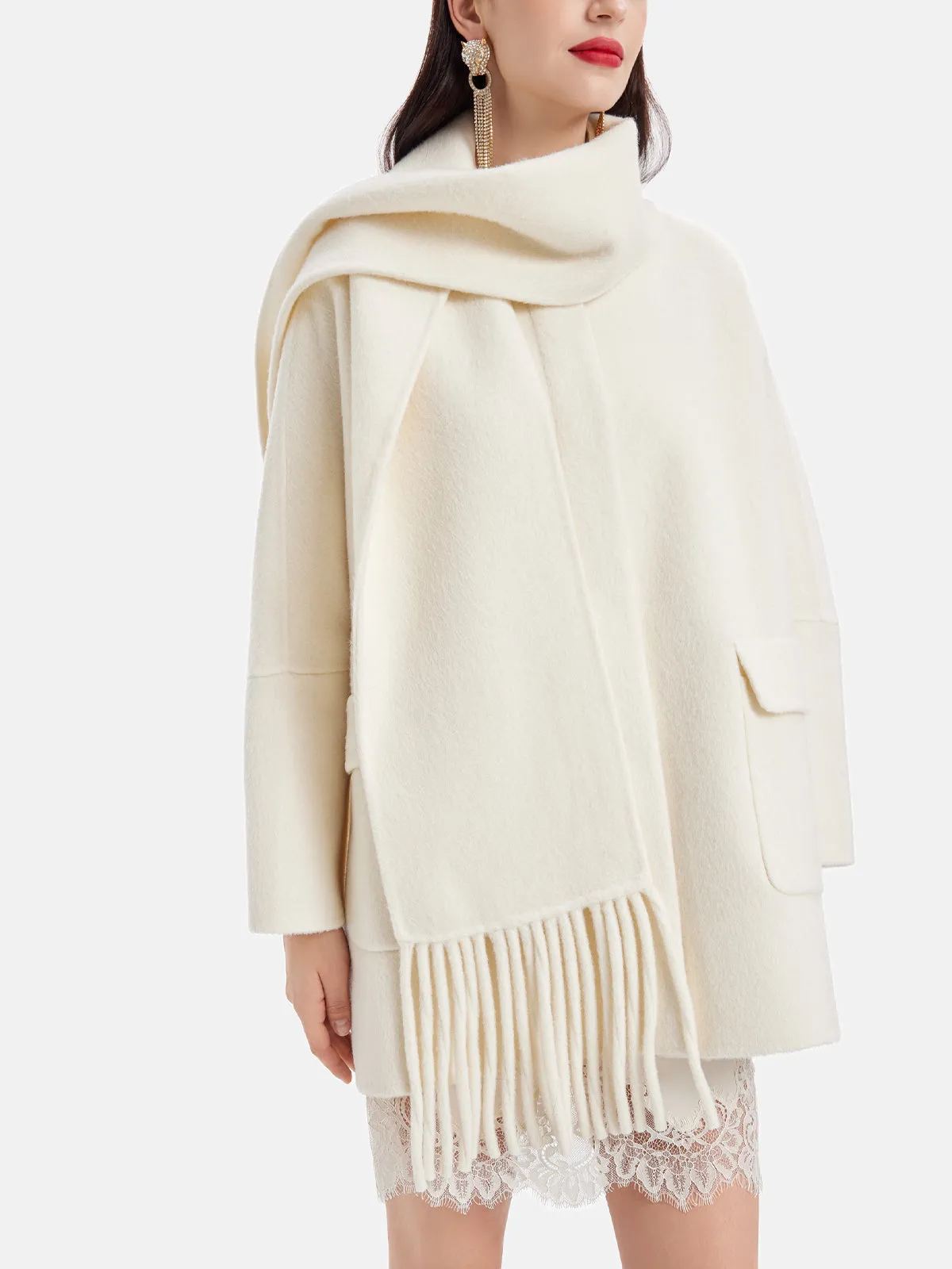 Fringe Neck Scarf Cashmere Coat